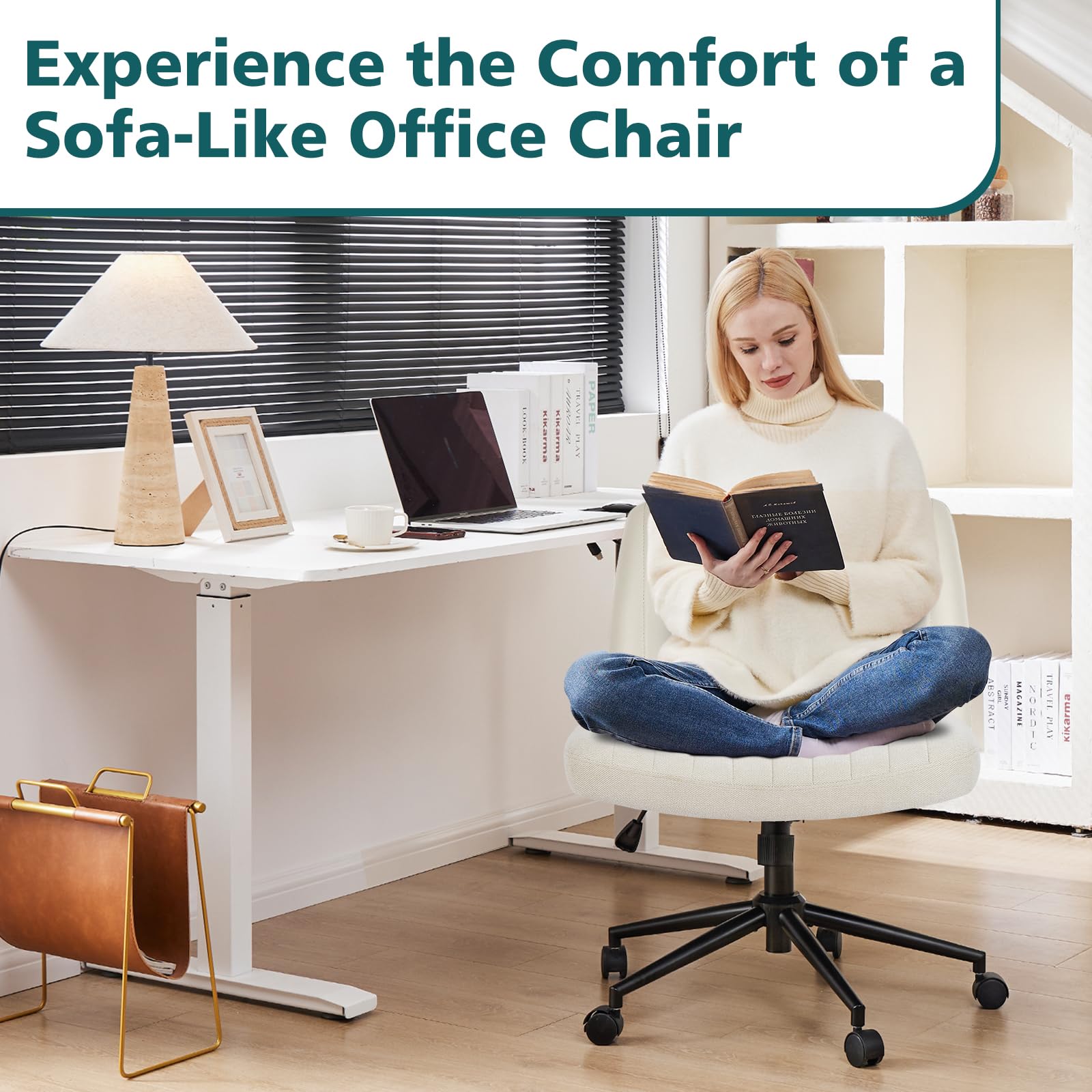 OLIXIS Criss Cross Chair with Wheels Wide Cross Legged Office Desk Vanity Chair Comfy Fabric Armless Adjustable Swivel for Home Computer Task Fabric Beige - Medaid International