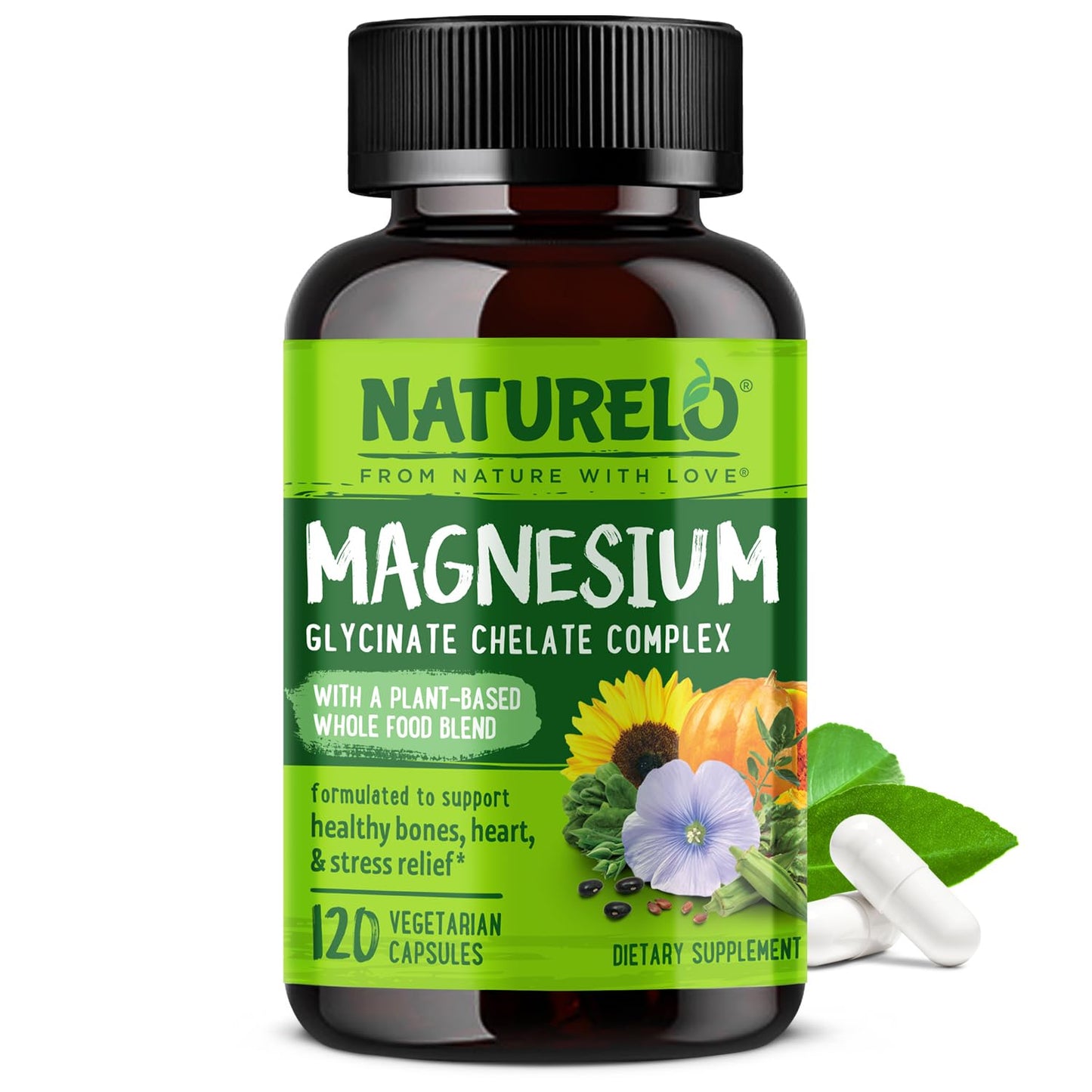 NATURELO Magnesium Glycinate Chelate Complex - 200 mg Magnesium with Organic Vegetables to Support Sleep, Calm, Muscle Cramp & Stress Relief - Gluten Free, Non GMO - 120 Capsules - Medaid International