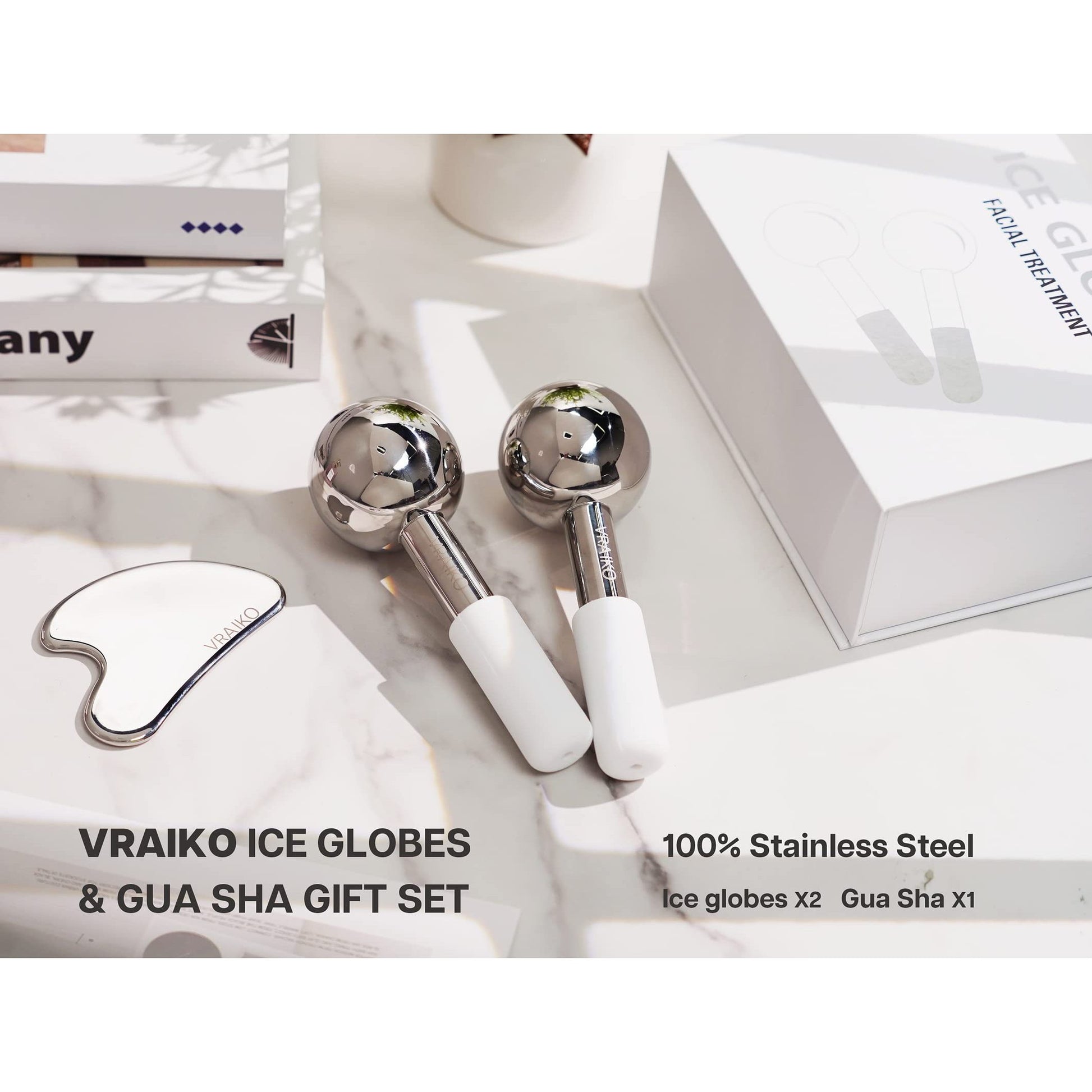 VRAIKO ICE Globes for Facials & Gua Sha Set, Gua Sha Facial Tools and Cryo Sticks with Unbreakable Steel, Face Massager Cooling Rollers for Dark Circles, Puffiness and Lymphatic Drainage (White) - Medaid International