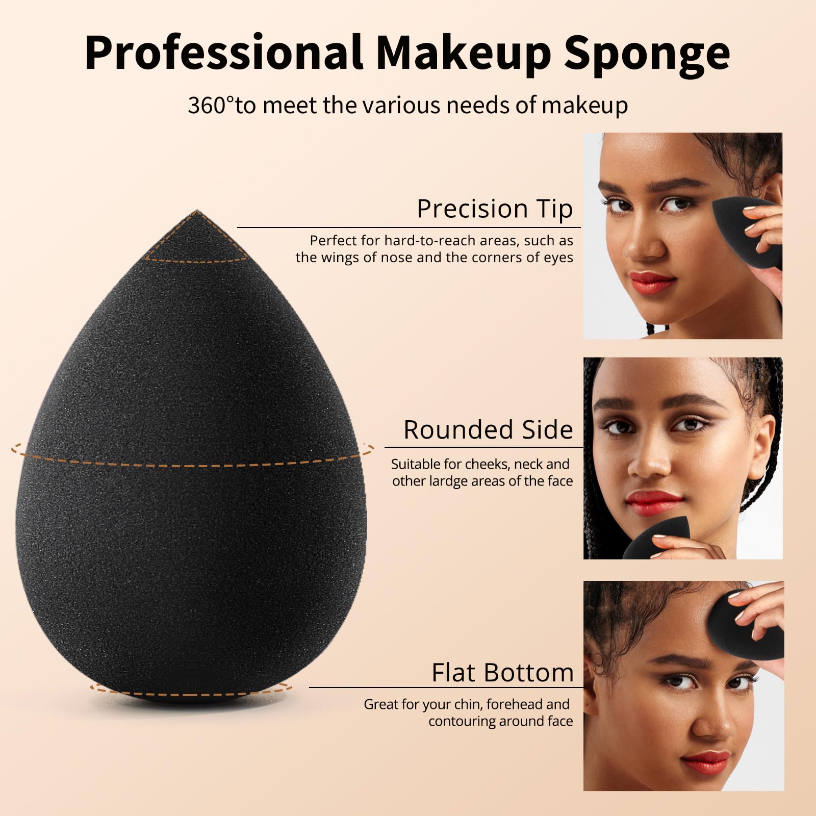 BEAKEY Makeup Sponge Set, 5 Pcs Foundation Blending Sponge, Beauty Sponges Flawless for Liquid, Cream, and Powder, Latex-Free and Vegan Boun Boun Makeup Sponges, Black - Medaid International