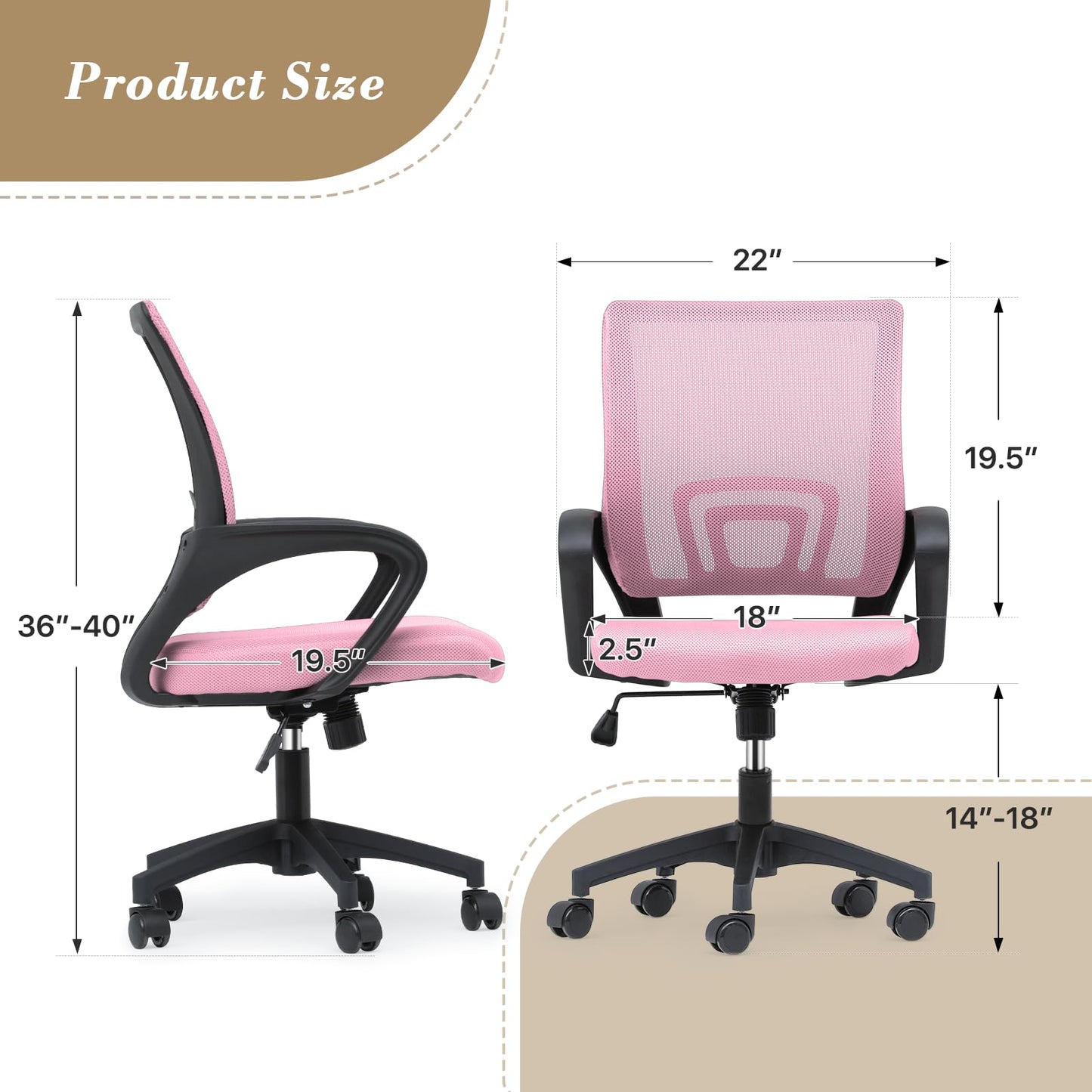 Athena Collection Computer Office Chair, Ergonomic Desk Chair with Rolling Wheels, Mesh Back Support and Height Adjustable, Small and Comfy for Home Office, Study, Pink - Medaid International