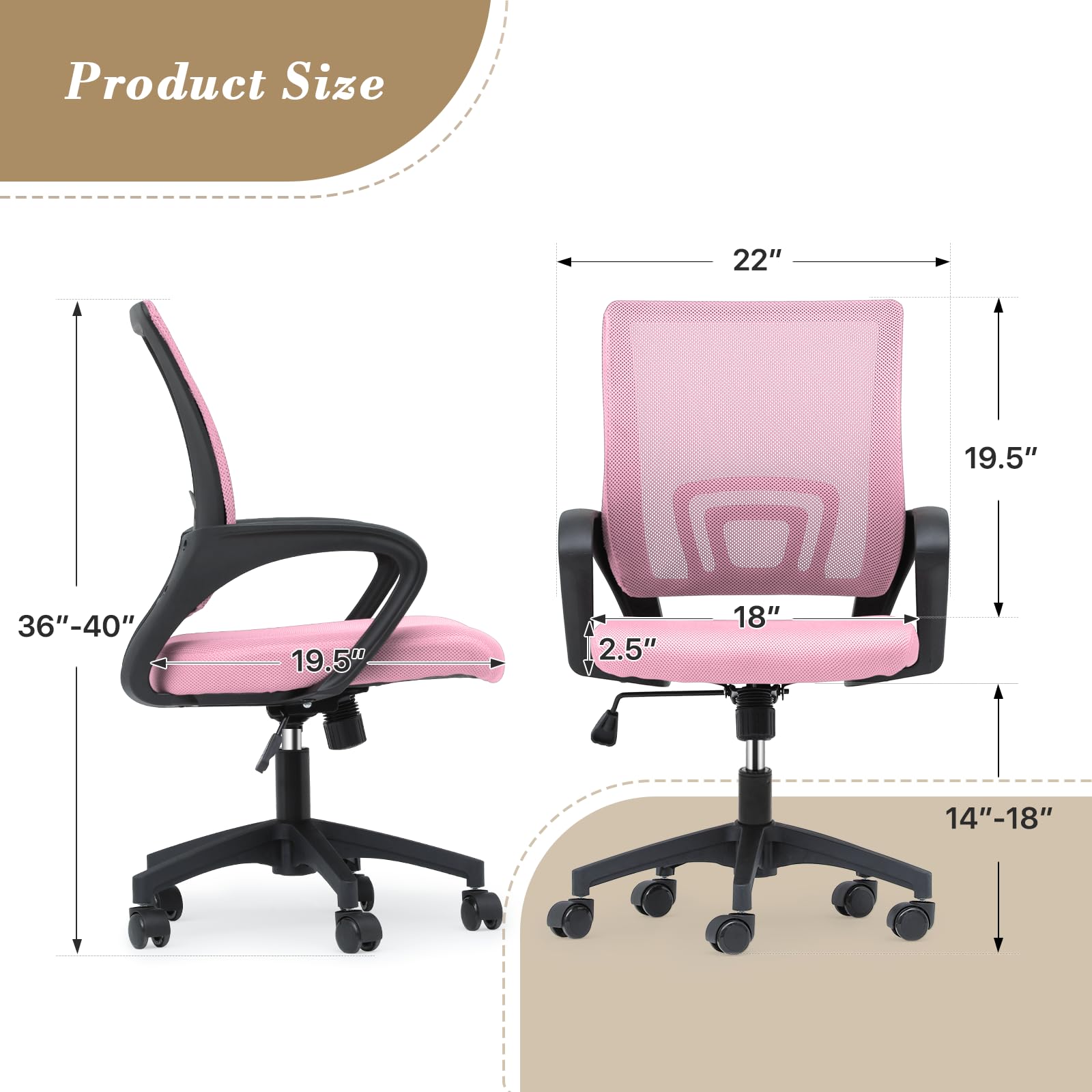 Athena Collection Computer Office Chair, Ergonomic Desk Chair with Rolling Wheels, Mesh Back Support and Height Adjustable, Small and Comfy for Home Office, Study, Pink - Medaid International