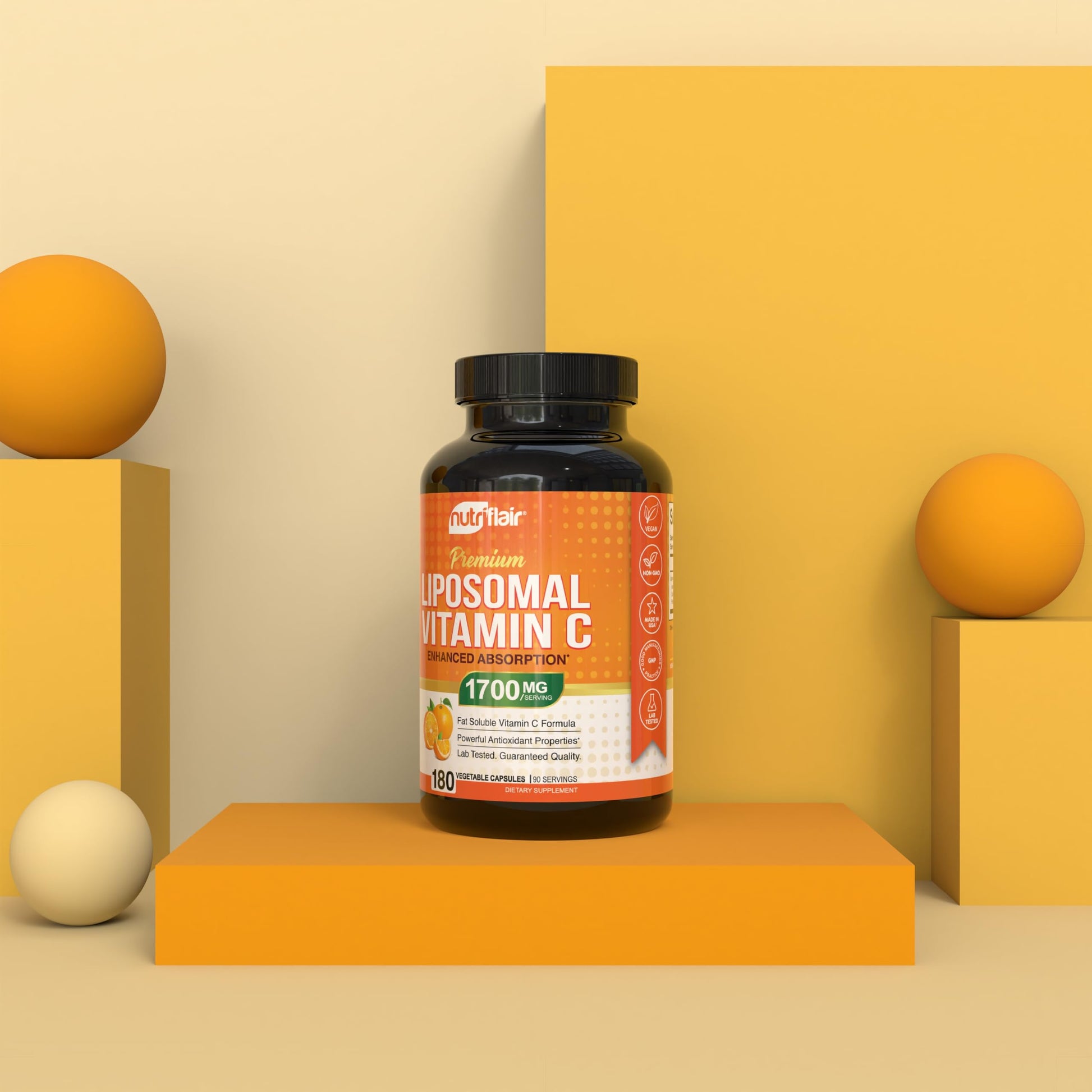 NutriFlair Liposomal Vitamin C 1700mg, 180 Capsules - High Absorption, Fat Soluble VIT C, Higher Bioavailability Immune System Support & Collagen Booster, Non-GMO, Vegan Pills - Medaid International
