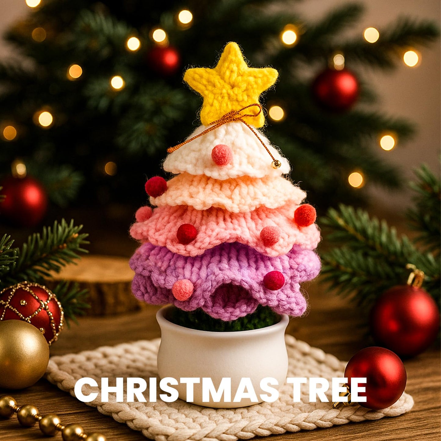 Crochet Christmas Tree Potted Plant - for Christmas Decor, Mini Knitted Decor for Home/Office, Gradient Yellow - Medaid International