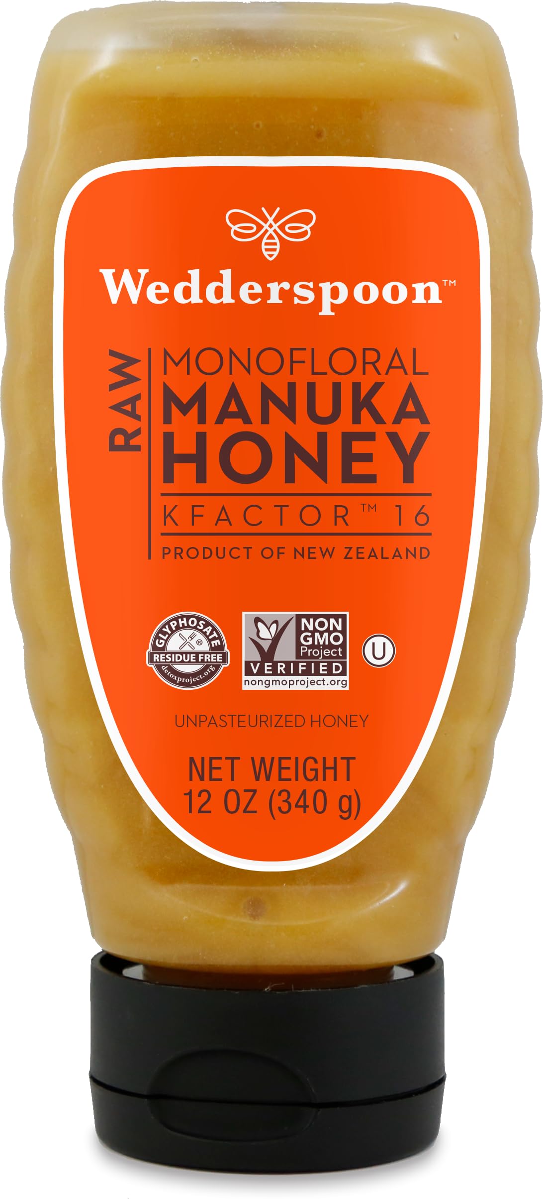 Wedderspoon Raw Manuka Honey, Unpasteurized, Genuine New Zealand Honey, Multi-Functional, Non-GMO Superfood, Convenient Squeeze Bottle, KFactor 16, 12 Ounce - Medaid International