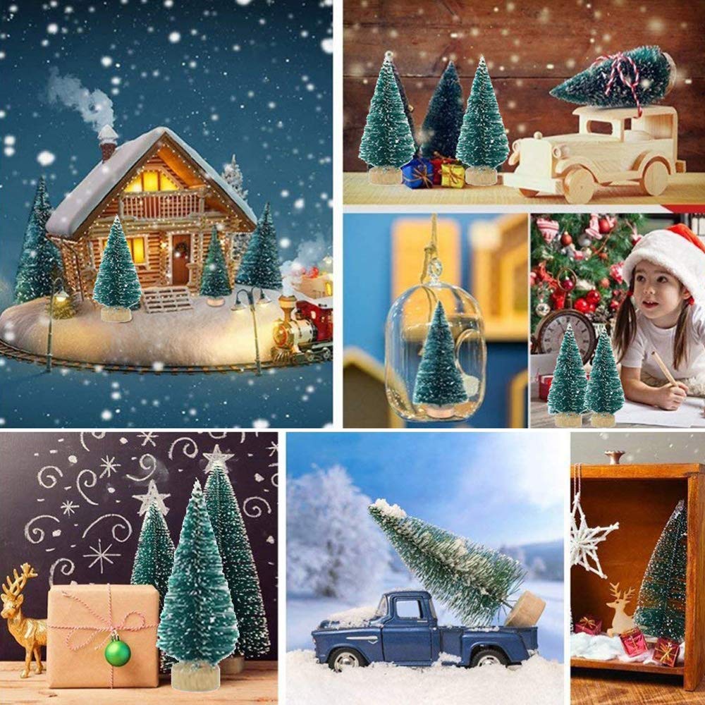 36PCS Mini Artificial Christmas Trees Plastic Sisal Trees Bottle Brush Trees Snow Frost Ornaments with Wood Base for Christmas Home Party Table Top Decor Winter Crafts - Medaid International