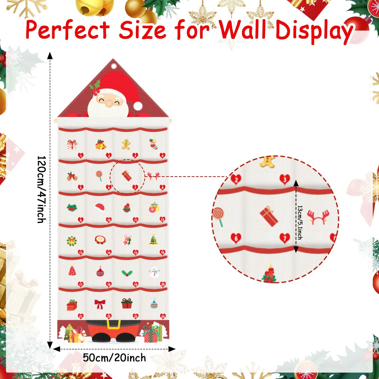 Auch Santa Advent Calendar 24 Days Hanging Wall Decoration, Fabric Christmas Countdown Calendar with Pockets for Candy Gifts, Reusable Xmas Decor for Kids Family Home - Medaid International