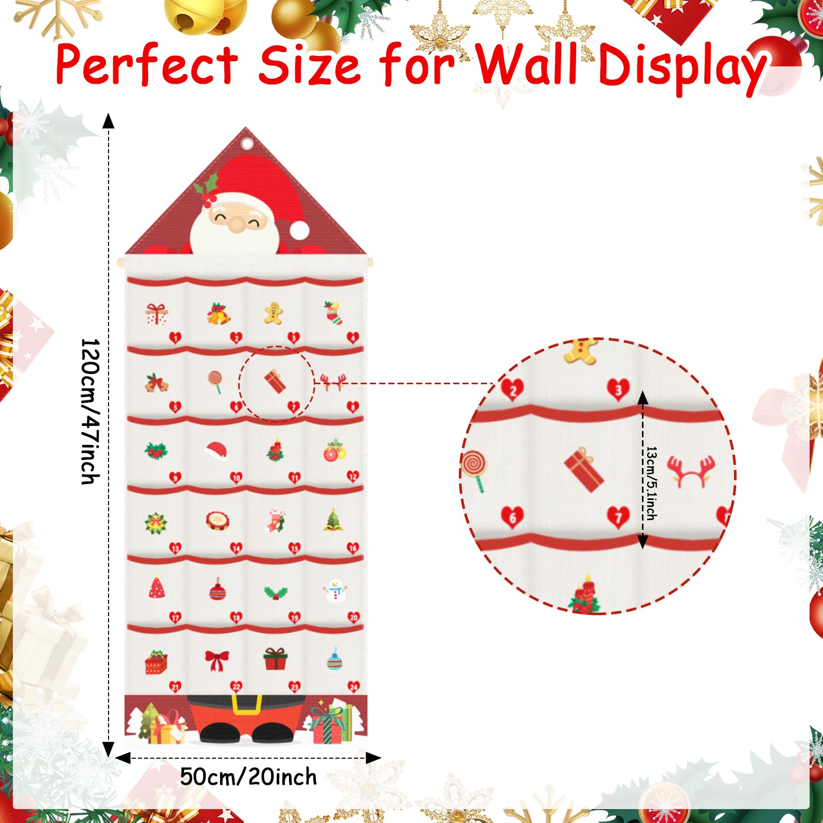 Auch Santa Advent Calendar 24 Days Hanging Wall Decoration, Fabric Christmas Countdown Calendar with Pockets for Candy Gifts, Reusable Xmas Decor for Kids Family Home - Medaid International
