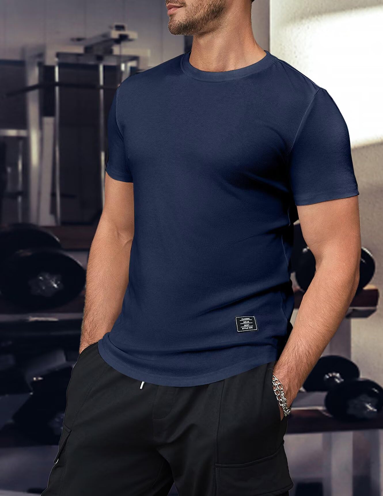 Mens Summer Lightweight T-Shirts Short Sleeve Casual Muscle Tee Textured Shirt（Navy Blue XL - Medaid International