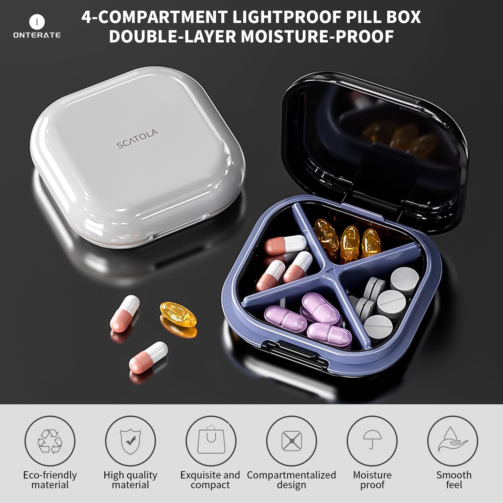 ONTERATE Small Pill Case, Travel Pill Box, Portable Pill Organizer, Pill Container for Pocket 4 Compartments, Daily Compact Travel Medicine Holder for Vitamins Medication (Purple) - Medaid International