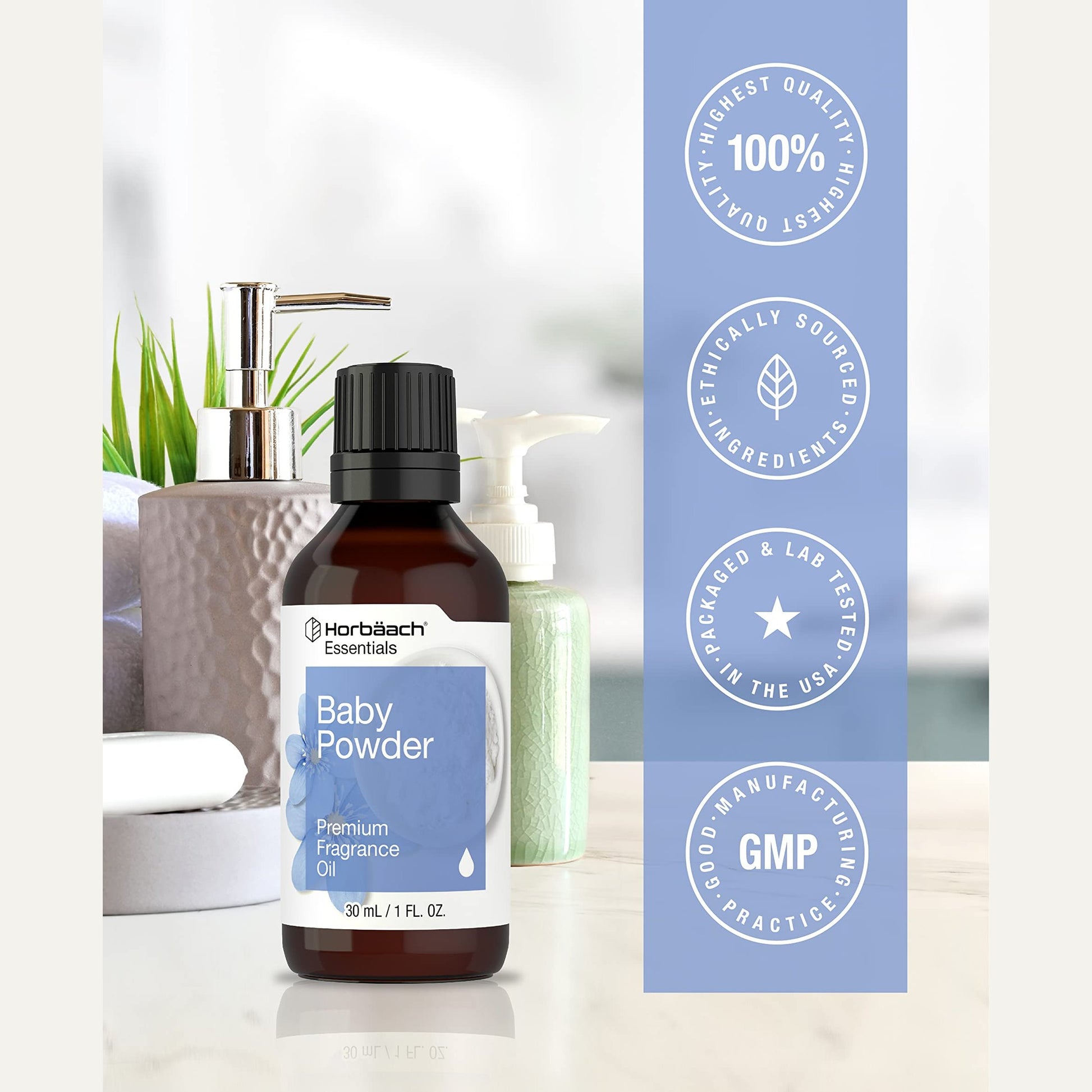 Horbäach Baby Powder Fragrance Oil | 1 fl oz (30ml) | Premium Grade | for Diffusers, Candle and Soap Making, DIY Projects, Aroma Spray, & More - Medaid International