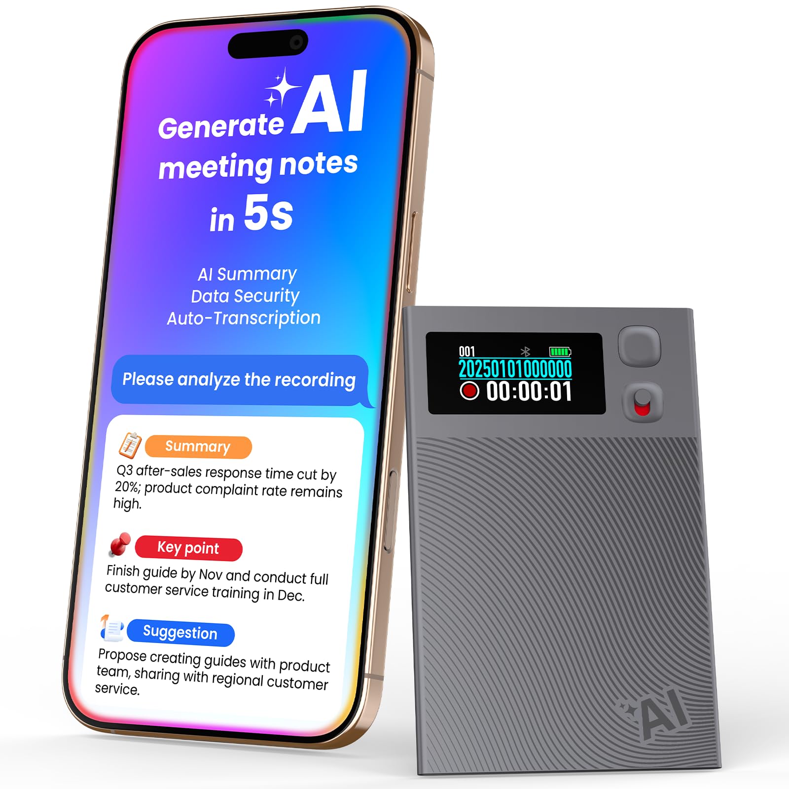 AI Voice Recorder, NEWYES Ailog Smart Digital Audio Recorder Meeting Card, App Control, Transcribe & Summarize, 188+ Languages Translation, 64GB Memory, for Meetings, Conference, Business, Calls - Medaid International