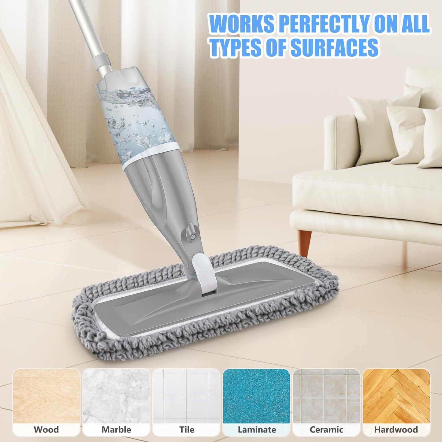 Microfiber Spray Mops for Floors Cleaning: EXEGO Dust Mop Wet Mop with 3 Washable Resuable Pads -440ML Refillable Bottle and 1 Scraper - Flat Floor Mop for Hardwood Laminate Ceramic Tiles Vinyl Woood - Medaid International