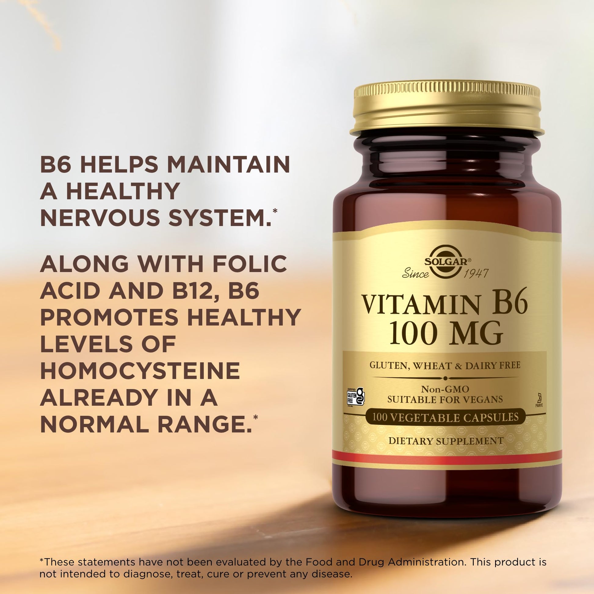 Solgar Vitamin B6 100 mg - 100 Vegetable Capsules - Non-GMO, Vegan, Gluten Free, Dairy Free, Kosher, Halal - 100 Servings - Medaid International