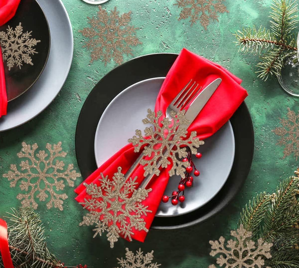 18Pcs Christmas Champagne Golden Snowflake Hanging Ornaments Plastic Glitter Snow Flakes Ornaments for Winter Christmas Tree Decorations Size Varies Craft Snowflakes - Medaid International