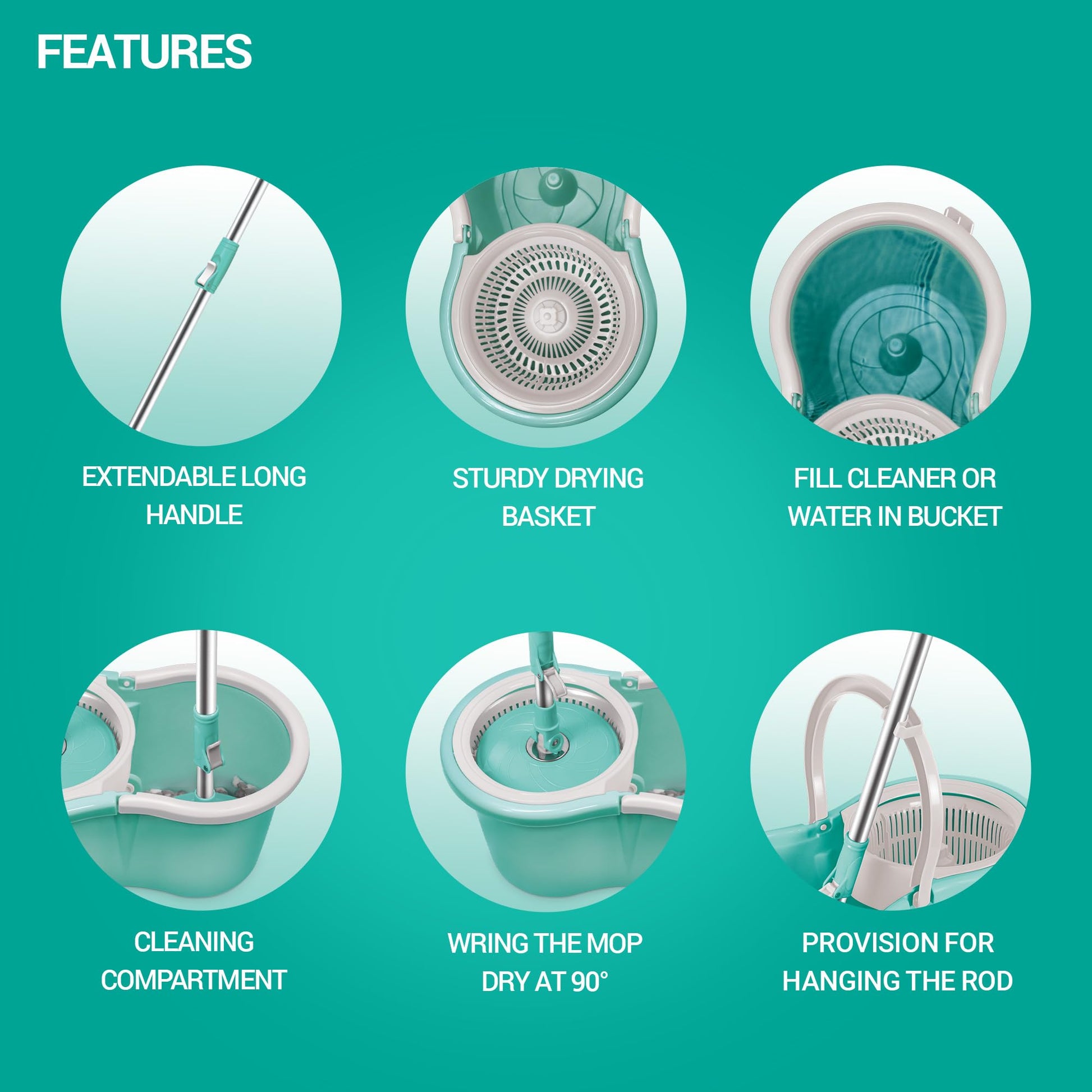 Spotzero by Milton Spin mop and Bucket with Wringer, Extendable Handle 360 Spin mops for Floor Cleaning, 1 Microfiber Refills, Aqua Green, Ace Spin Mop - Medaid International