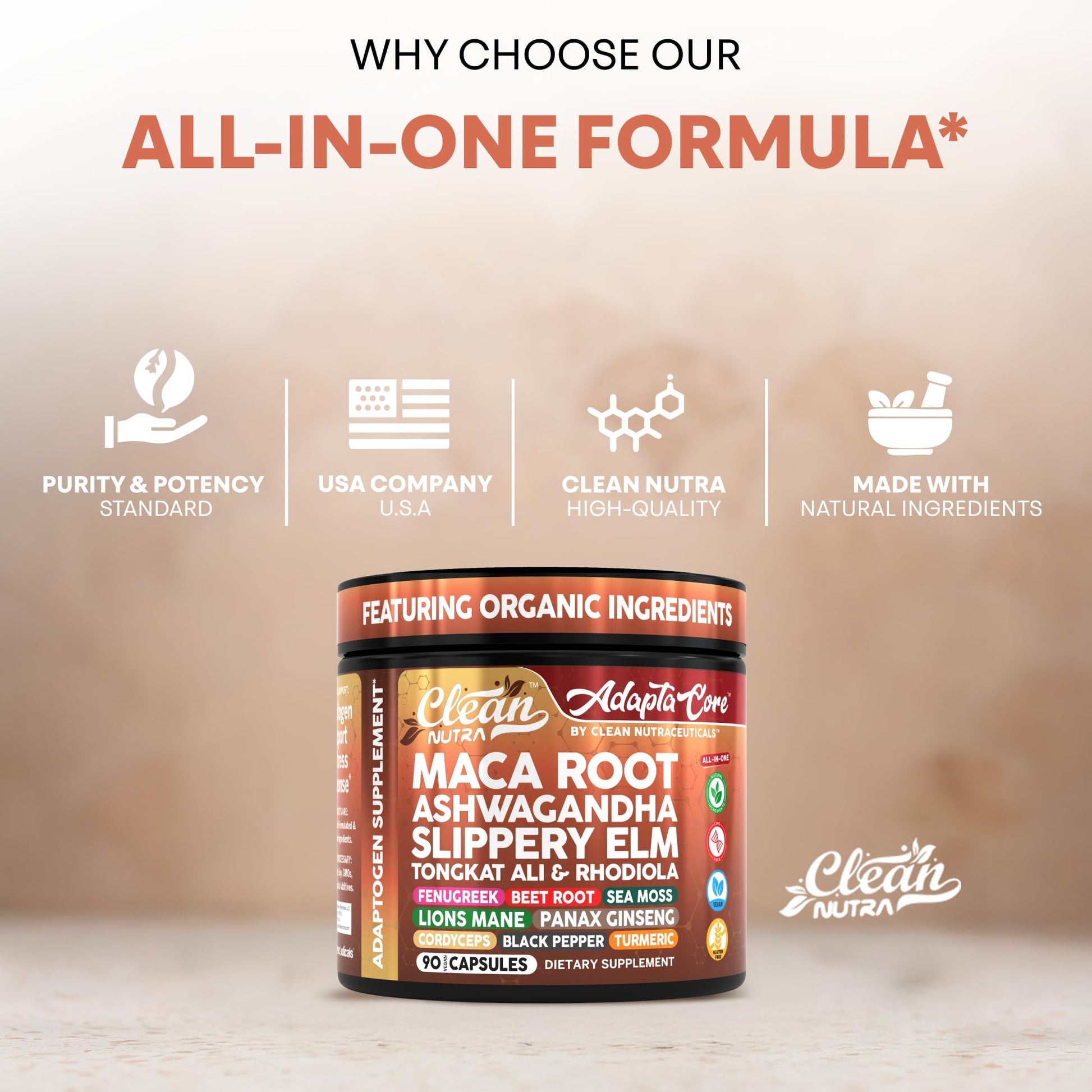Adapta Core Adaptogens Supplements | Maca Root Ashwagandha Slippery Elm Tongkat Ali Rhodiola Rosea Fenugreek Beetroot Sea Moss Ginseng Pepper Mushrooms Horny Goat Weed 90 Capsules by Clean Nutra - Medaid International