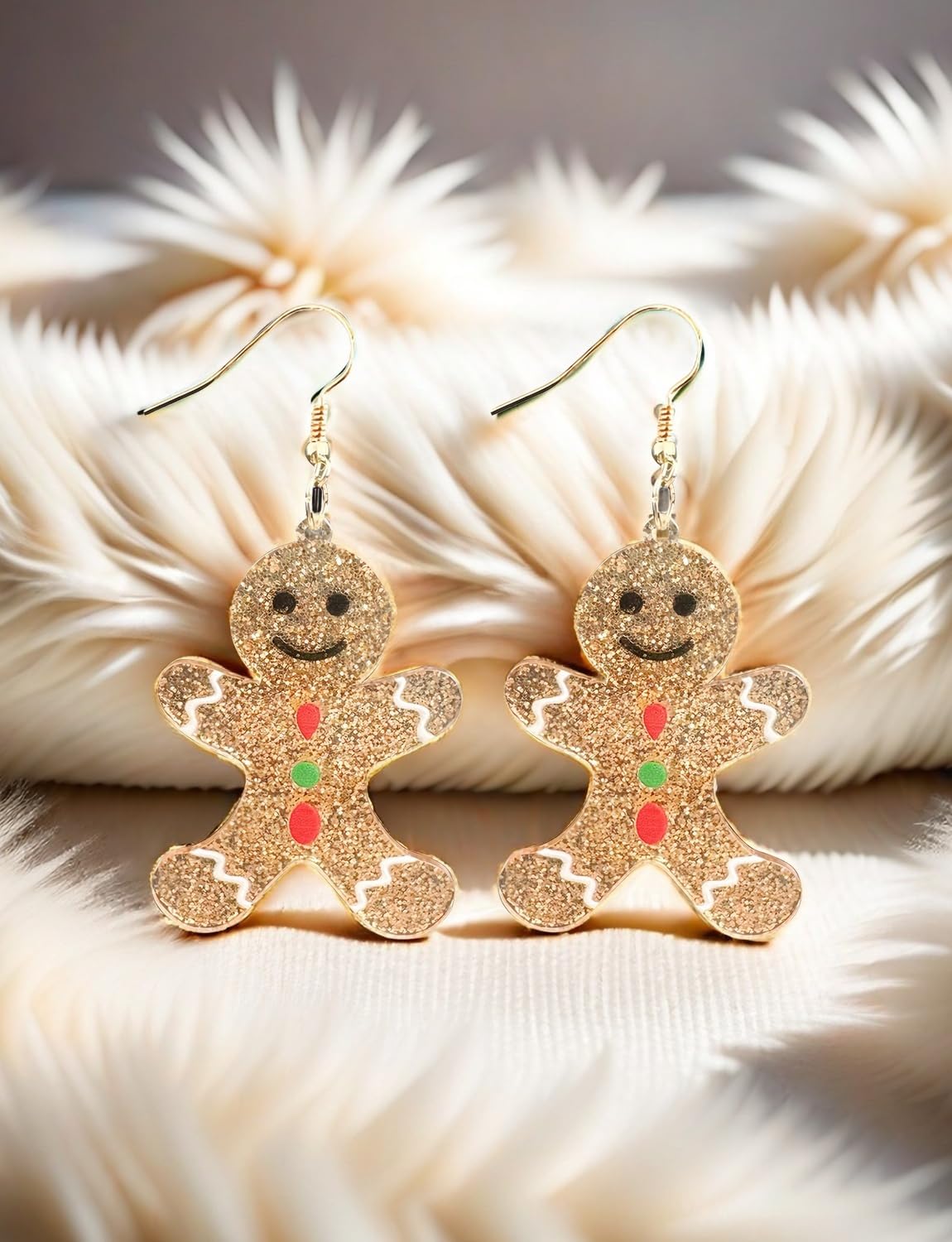 Christmas Gingerbread Man Glitter Gold Acrylic Earrings Charm Dangle Drop Earrings Resin Fashion Statement Holiday Xmas Party Dress Outfits Decor for Women - Medaid International