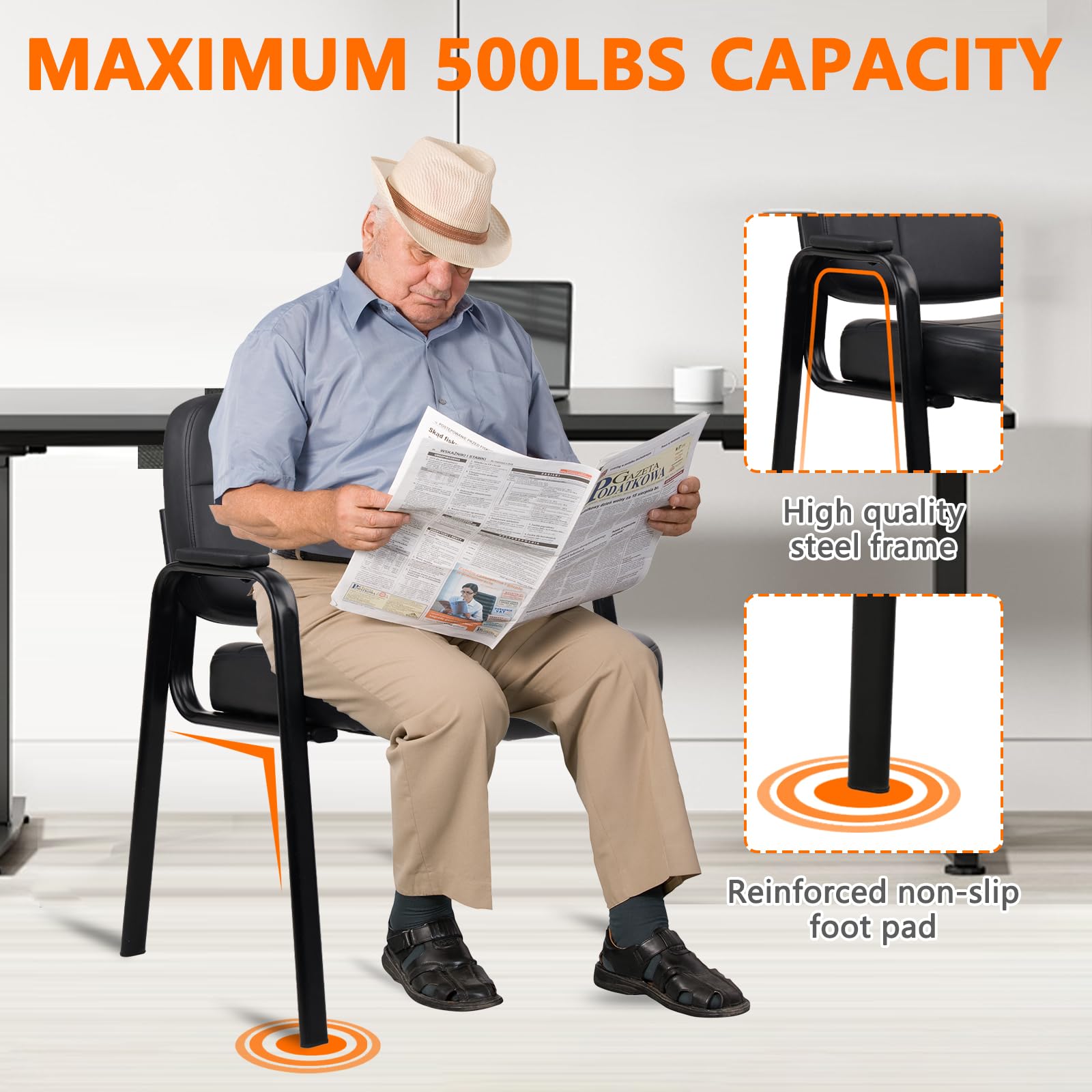 CLATINA Big & Tall 500 lbs Waiting Room Guest Chair, Leather Office Reception Chair No Wheels with Padded Arms for Elderly Home Desk Conference Room Lobby Side Salon Clinic, Black(8 Pack) - Medaid International