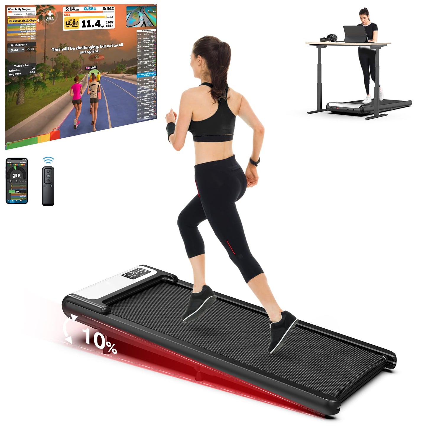 COZYINN Walking Pad Treadmill, Under Desk Treadmills with 10% Incline for Home Office Small,Quiet 2.5HP Voice Remote Control Portable Treadmills Work with WELLFIT KINOMAP,Small Walking Jogging Machine - Medaid International