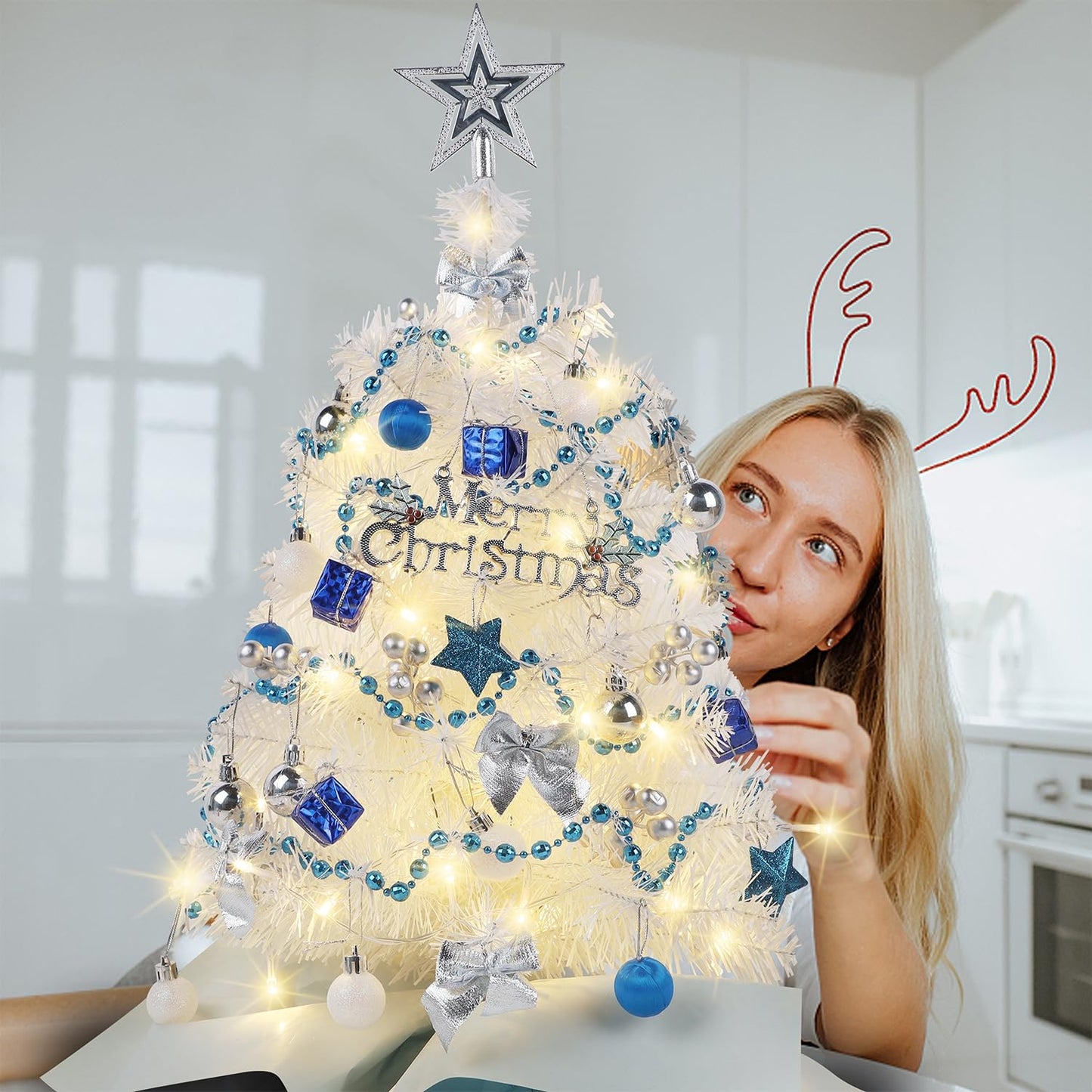 Juegoal White Mini Christmas Tree, 24 Inch/2 FT Lighted Tabletop Artificial Xmas Pine Tree, Small Spruce Tree Light Up Battery Operated & Timer with 50 LED Lights, for Holiday Winter Home Party Decor - Medaid International