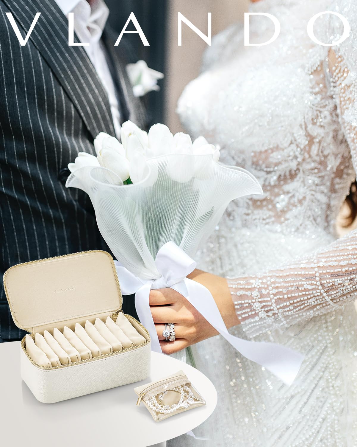 Vlando Travel Jewelry Case,Jewelry Box with 12 Velvet Jewelry Pouch Jewelry Travel Organizer for Women Girl Jewelry Case Necklace Rings Earrings Bags Wedding Gifts (White) - Medaid International