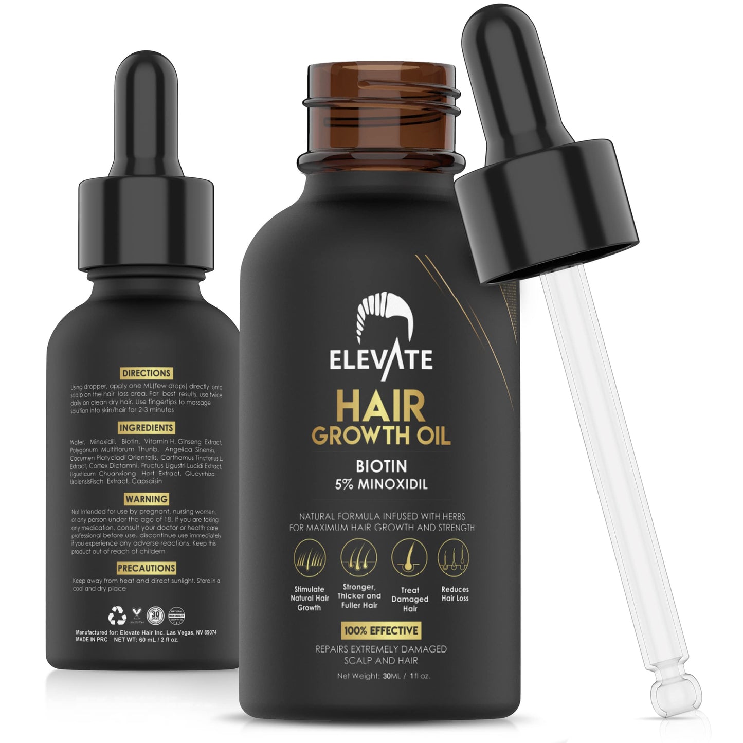 Elevate Hair Regrowth Treatment 5% Minoxidil Solution - Biotin Serum Hair Growth Oil for Men & Women - Thicker Fuller Stronger Hair - Stops Hair Loss & Thinning - Natural Hair Thickening Treatment 1oz - Medaid International