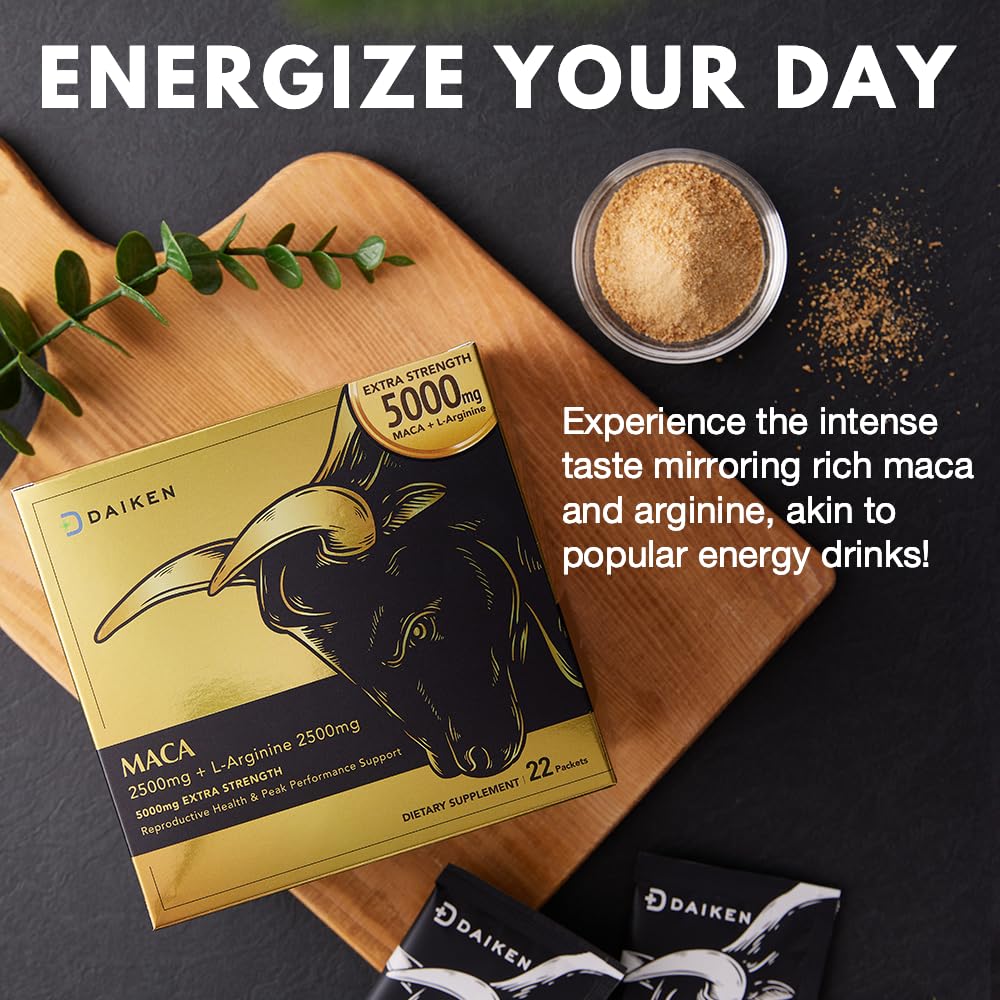 DAIKEN Peruvian Maca Root Powder Extra Strength 15,000 mg, Gelatinized Black, Red, Yellow Maca Blend with L-Arginine (2,500 mg) for Men and Women, Superior Absorption, Vegan, Lab Tested - 22 Packets - Medaid International