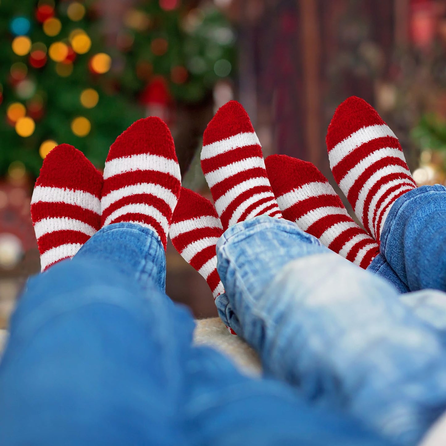 Shyyween 8 Pairs Christmas Fuzzy Socks for Women Holiday Stripe Slipper Socks Fluffy Warm Winter Xmas Stocking Stuffer Gifts(Red and White Stripes) - Medaid International