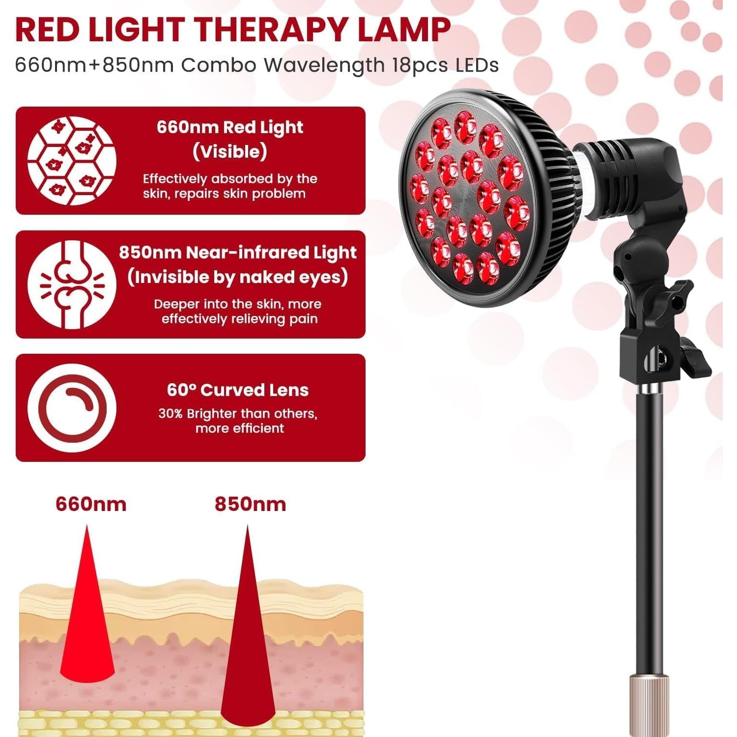 NALACAL Red Light Therapy Lamp for Face and Body，LED Red Light Therapy Bulb with Adjustable Desk Stand (10in-16.5in) with 18 LEDs – 660nm Red and 850nm Near Infrared Combo for Home Use (Black) - Medaid International