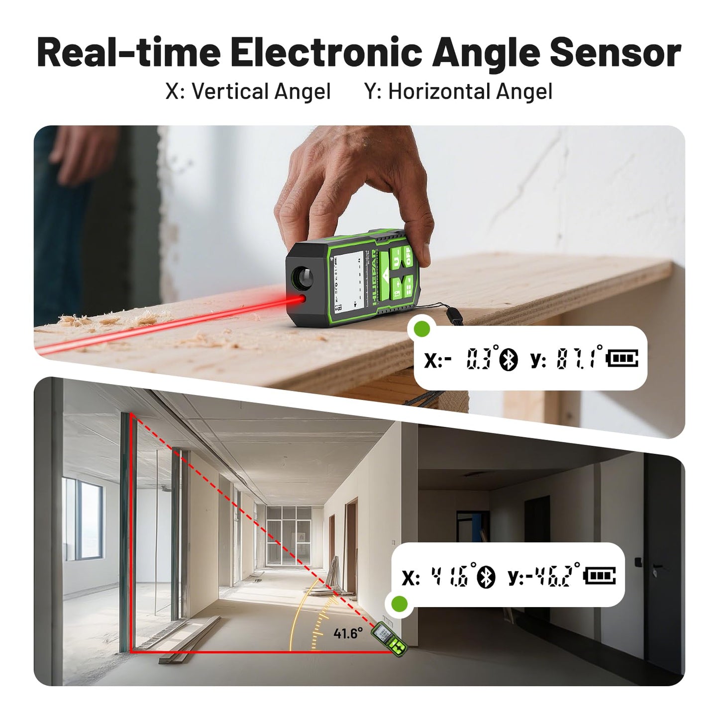Laser Distance Measure 330Ft. Huepar Digital Rechargeable Laser Measuring Tool with Bluetooth -Phone APP, Angle Sensor, 1/16in Accuracy, M/in/Ft Unit, Pythagorean Mode, Measure Distance, Area, Volume - Medaid International