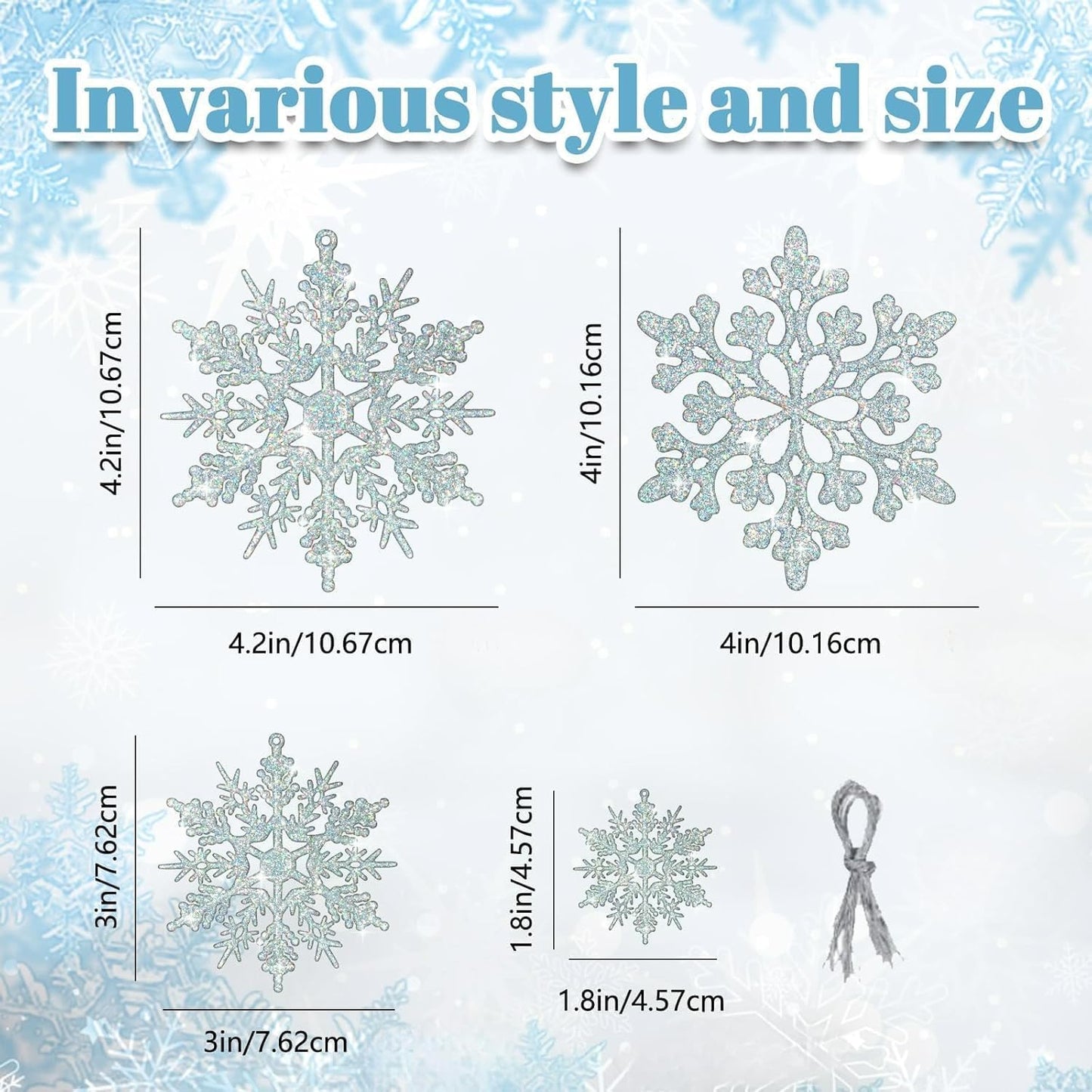 18Pcs Iridescent Silver Christmas Snowflake Hanging Ornaments, Plastic Sparkling Glitter Hanging Snow Flakes for Christmas Tree Decorations Winter Wonderland Frozen Birthday Party Holiday Home Decor - Medaid International