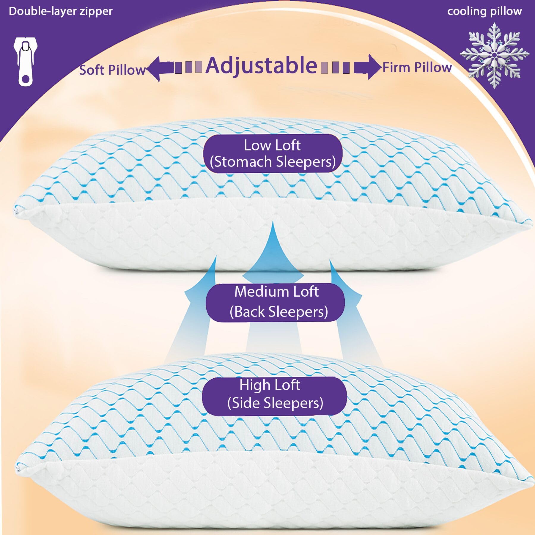 VAINOC Memory Foam Pillows Queen Size Set of 2, Adjustable Cooling Pillow for Side Back Stomach Sleepers with Washable Removable Cover - Medaid International