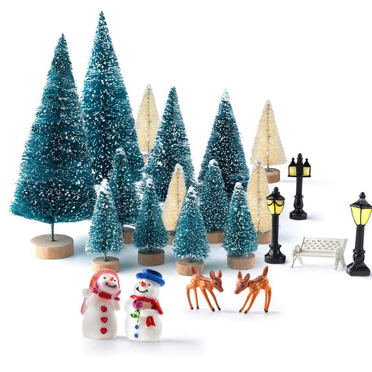 KUUQA Mini Christmas Trees Bottle Brush Trees with Snowmen Reindeer, 31Pcs Christmas Village Sets Village Accessories Ornaments for Christmas Decorations Indoor Village Display Platforms Winter Decor - Medaid International