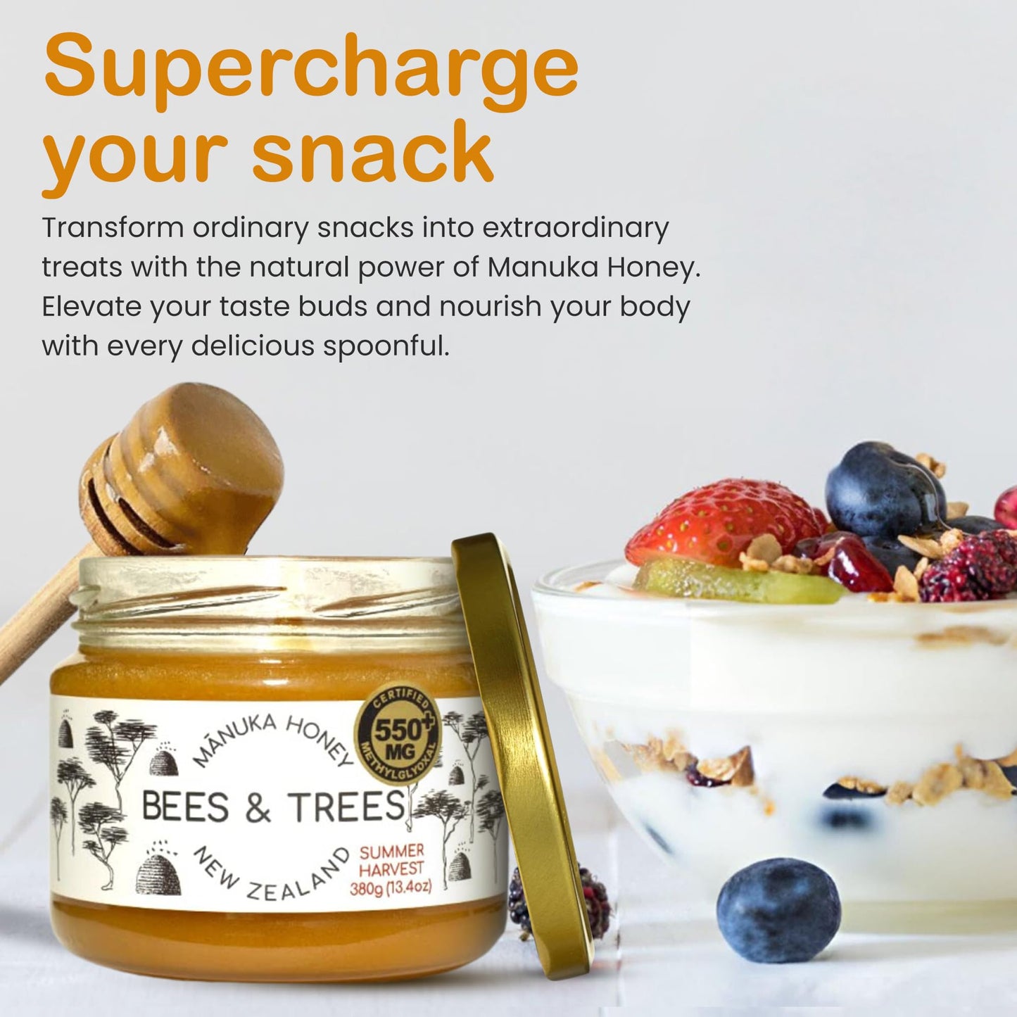 Bees & Trees Manuka Honey 550+ MGO – Pure New Zealand Raw Monofloral Honey – Unpasteurized & Natural – 380g (13.4oz) Glass Jar – Perfect for Coffee, Tea & Daily Wellness - Medaid International