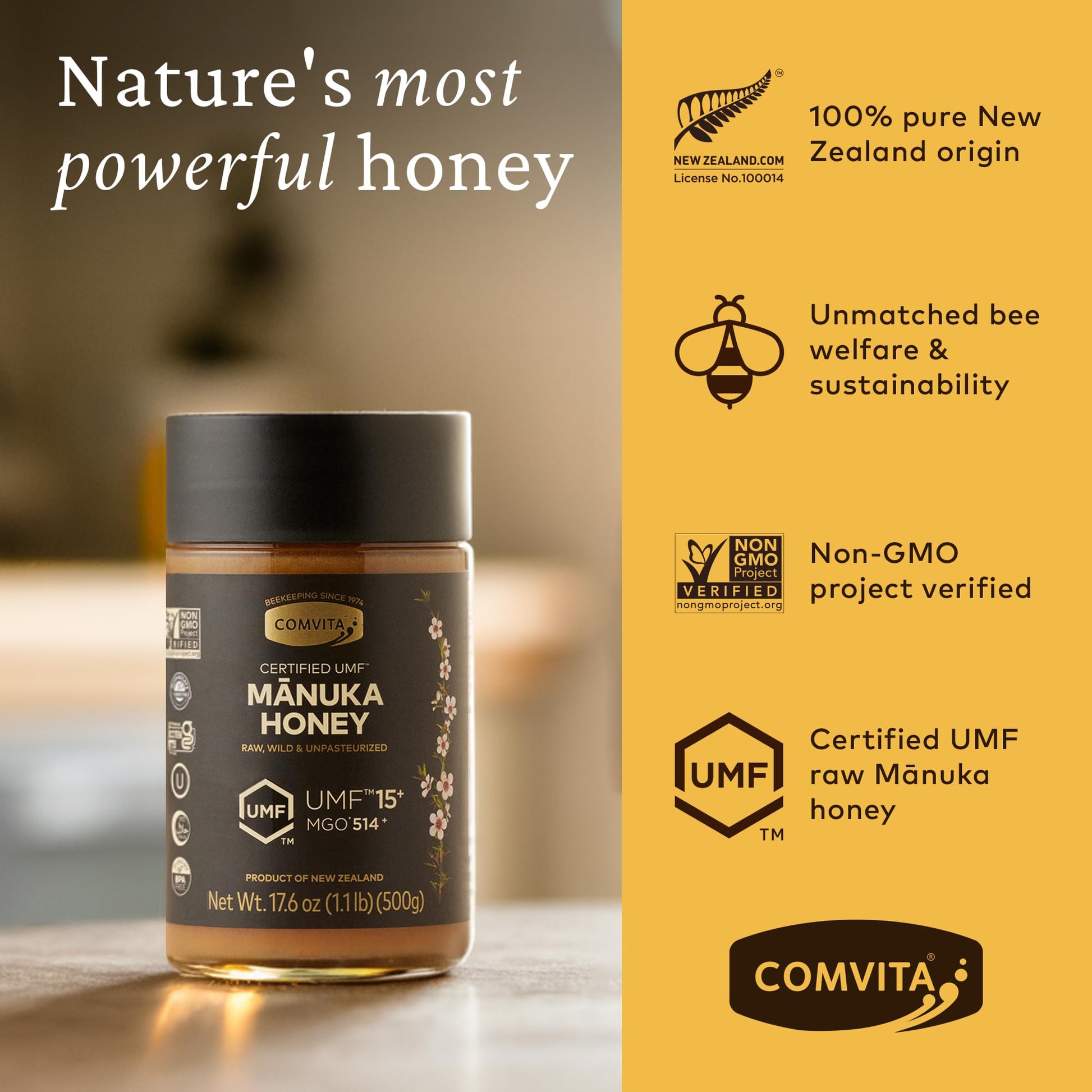 Comvita Manuka Honey UMF 15+ (MGO 514+) - Raw Manuka Honey New Zealand, Pure & Unpasteurized, Superfood for Immune Health, Use in Tea, Wild, Monofloral, Non-GMO - 500g (17.6 oz) - Medaid International