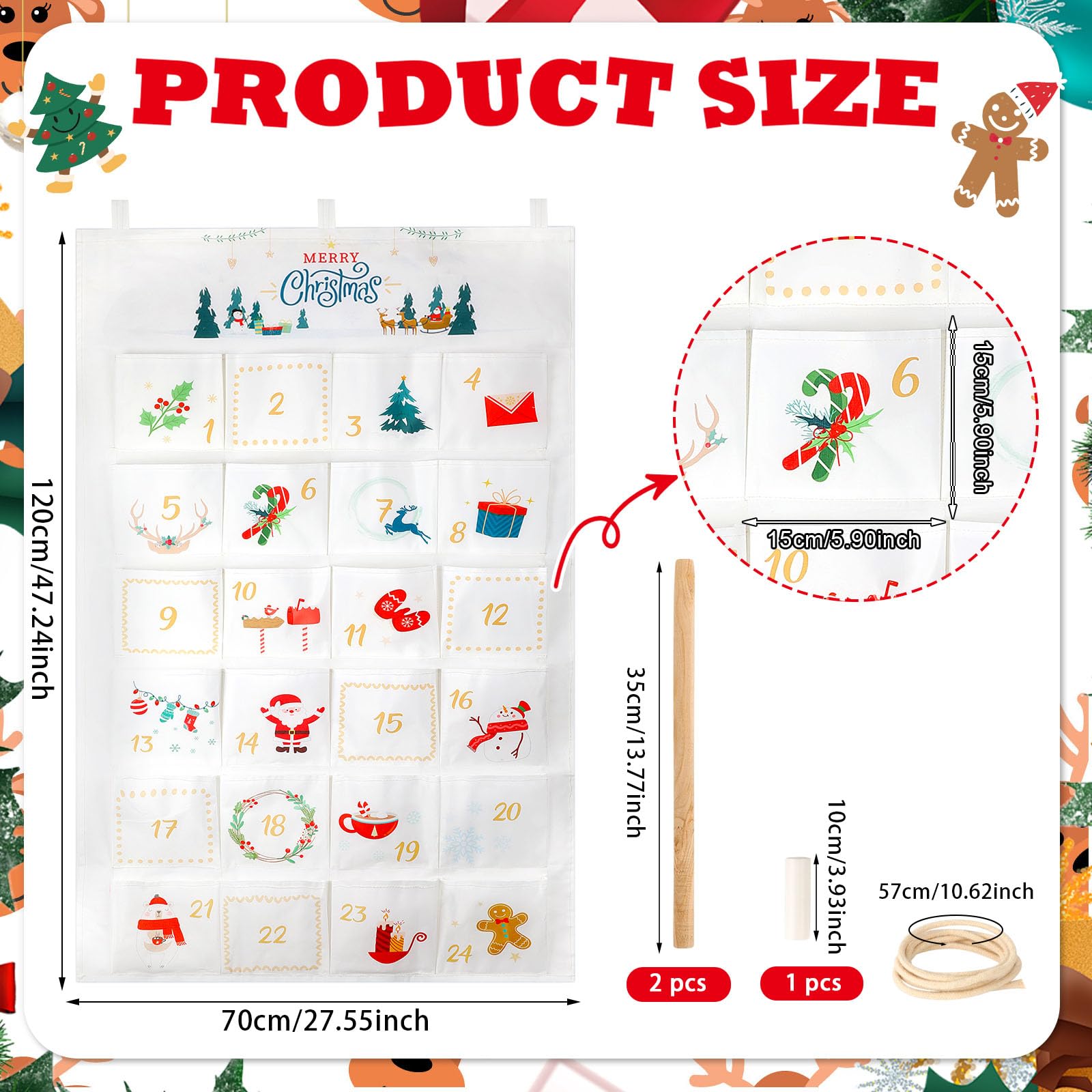 HOWAF 2025 Christmas Advent Calendar (Countdown to Christmas), 24 Days Mystery Christmas Countdown Calendar with 24 Pockets for Xmas Holiday Home Wall Decoration, White Gold Xmas Calendars - Medaid International