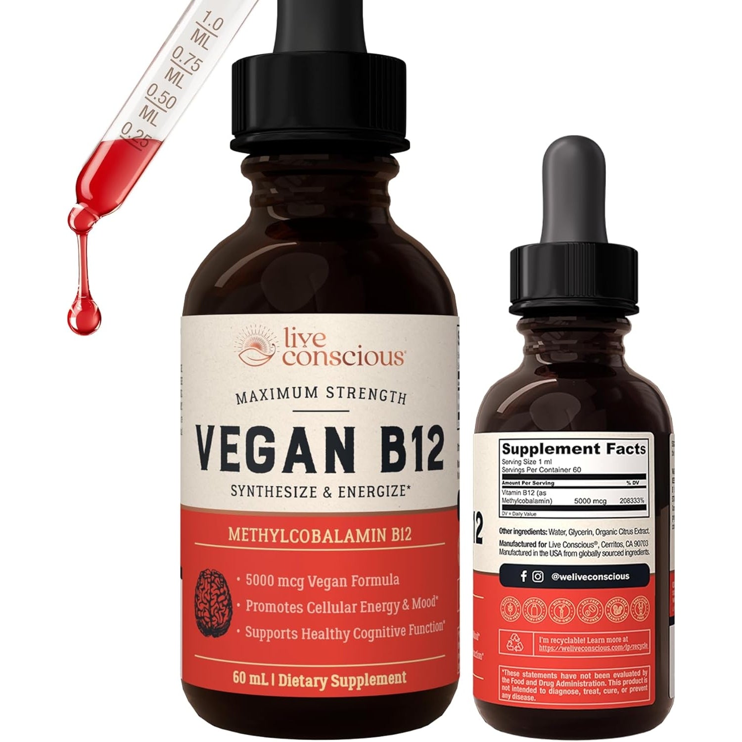 Vegan Vitamin B12 Sublingual Liquid Drops by Live Conscious- Methylcobalamin Max Strength B12 5000mcg Formula - Vegan B 12 Vitamin Support Energy, Promote Memory & Aid Immune System - 60 Serving - Medaid - Lebanon