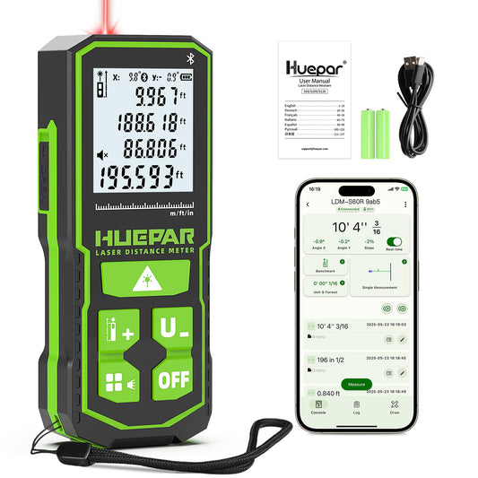 Huepar Laser Distance Measure 200Ft. Digital Rechargeable Laser Measuring Tool with Bluetooth -Phone APP, 1/16in Accuracy, Angle Sensor, M/in/Ft Unit, Pythagorean Mode, Measure Distance, Area, Volume - Medaid International