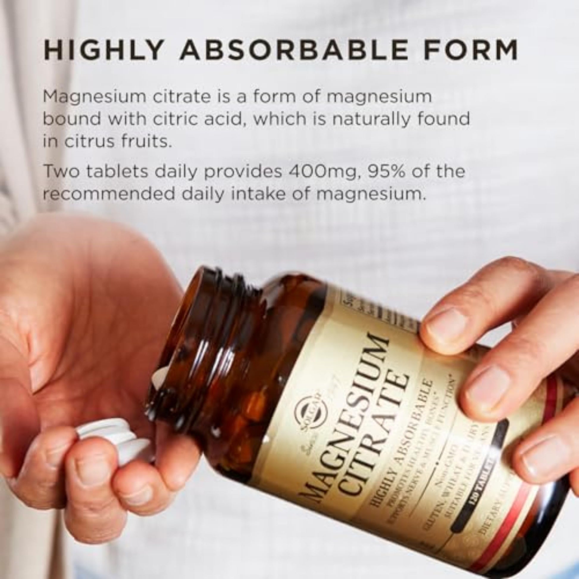 Solgar Magnesium Citrate, 120 Tablets - Promotes Healthy Bones - Supports Nerve & Muscle Function - Non GMO, Vegan, Gluten Free, Dairy Free, Kosher - 60 Servings, Standard Packaging - Medaid International