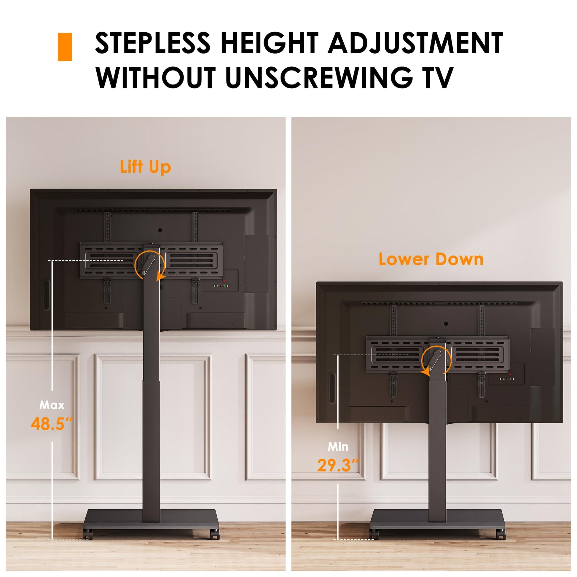 FITUEYES Hand Crank Lift TV Stand with Wheels, Tilt & Swivel Rolling TV Stand for 32-75Inch TVs, Free Height Adjustable Mobile Television Stand Holds up to 88Lbs, Iron Base Max VESA 600x400mm - Medaid International