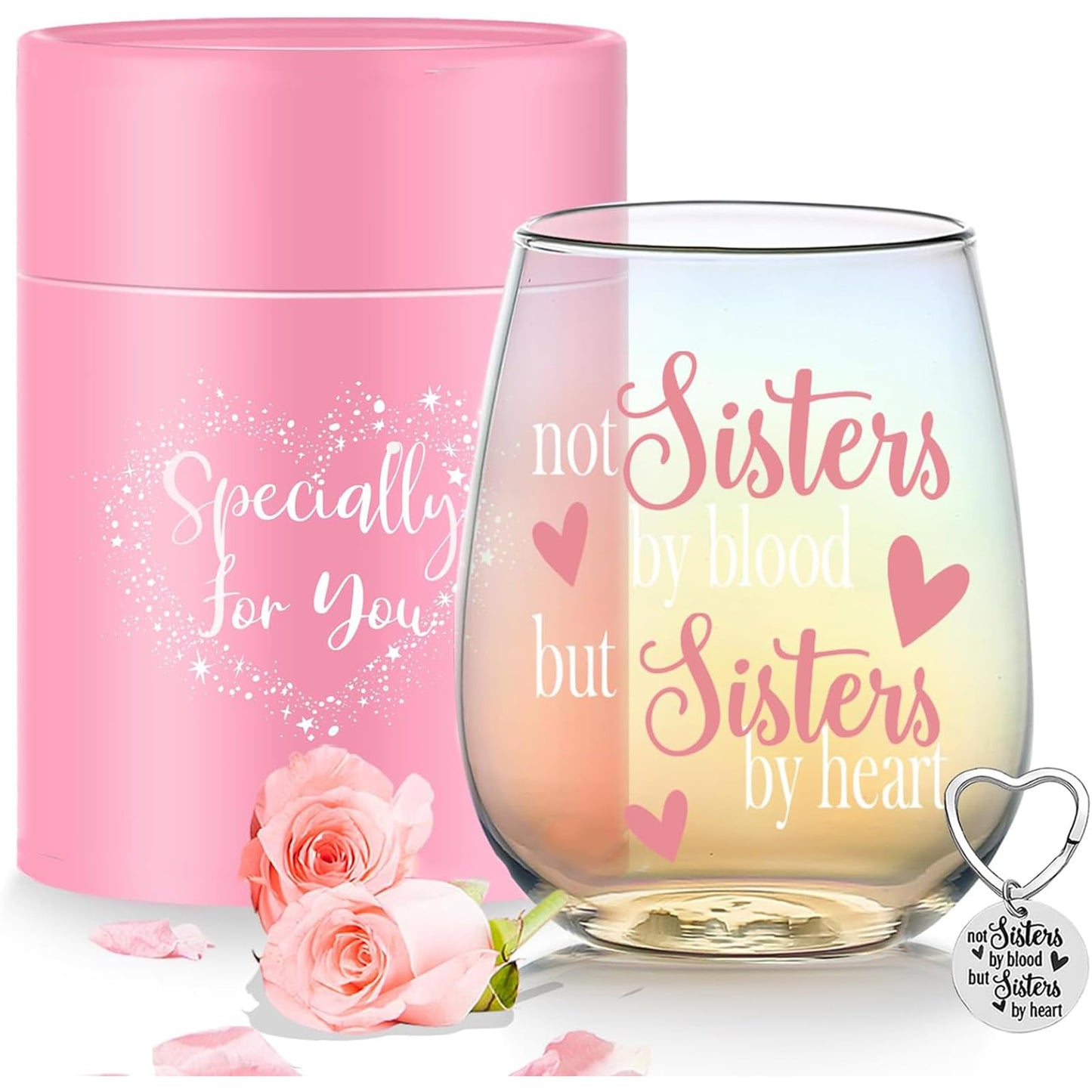 Yalucky Stemless Wine Glass 'Not Sisters by Blood but Sisters by Heart' Funny Sayings Gifts for Women Best Friend Female Bestie Wine Lover Friendship Gin Gift Birthday Decor Idea (Iridescent Sister) - Medaid International