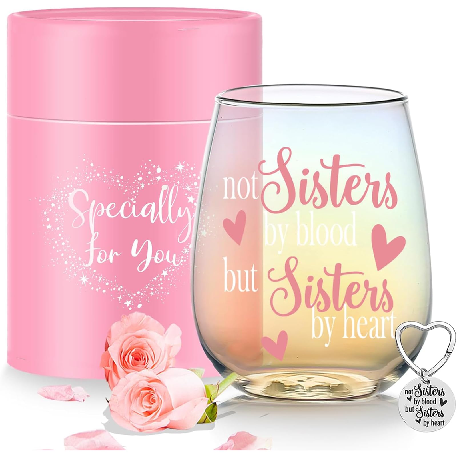 Yalucky Stemless Wine Glass 'Not Sisters by Blood but Sisters by Heart' Funny Sayings Gifts for Women Best Friend Female Bestie Wine Lover Friendship Gin Gift Birthday Decor Idea (Iridescent Sister) - Medaid International