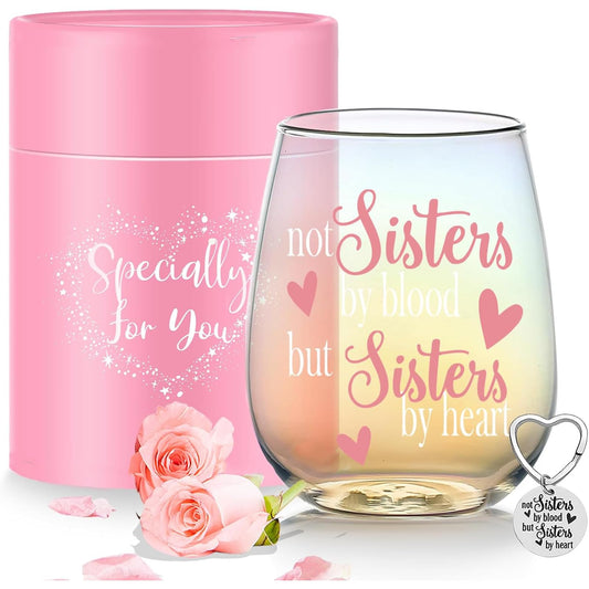 Yalucky Stemless Wine Glass 'Not Sisters by Blood but Sisters by Heart' Funny Sayings Gifts for Women Best Friend Female Bestie Wine Lover Friendship Gin Gift Birthday Decor Idea (Iridescent Sister) - Medaid International