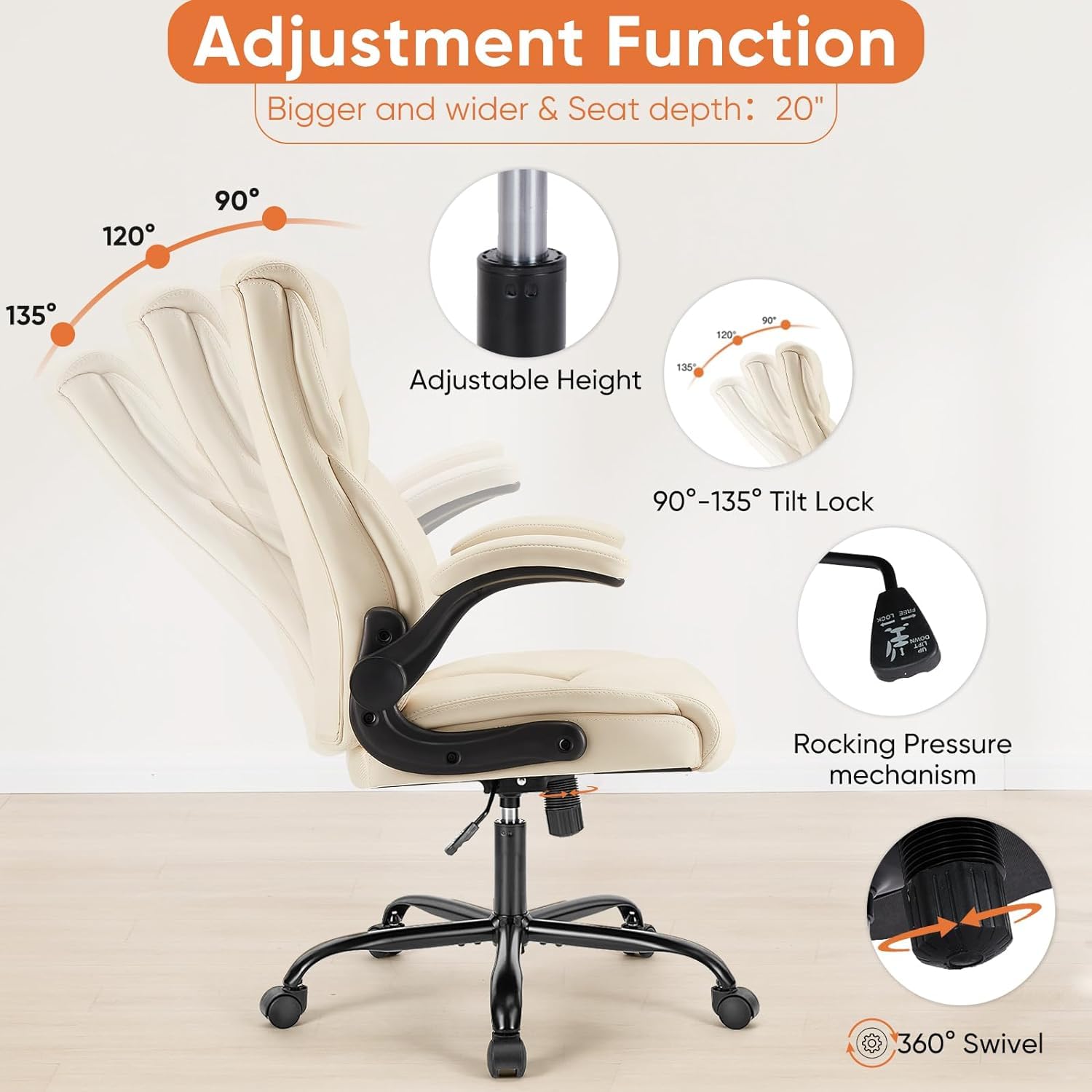 Sweetcrispy Ergonomic Office Chair Heavy Duty Task Desk Chair with Flip-up Arms, PU Leather, Adjustable Swivel Rolling Chair with Wheels, Beige - Medaid International