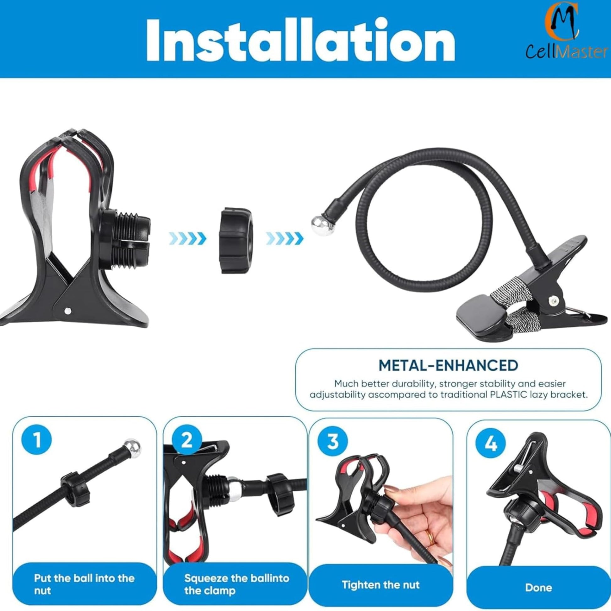 CELLMASTER Metal 360 Degree Flexible Portable Foldable -Lazy Stand Bracket Cell Phone Holder/Gooseneck Long Arm Clip Mobile Stand for Table Mobile Stand for Bed Office - Medaid International