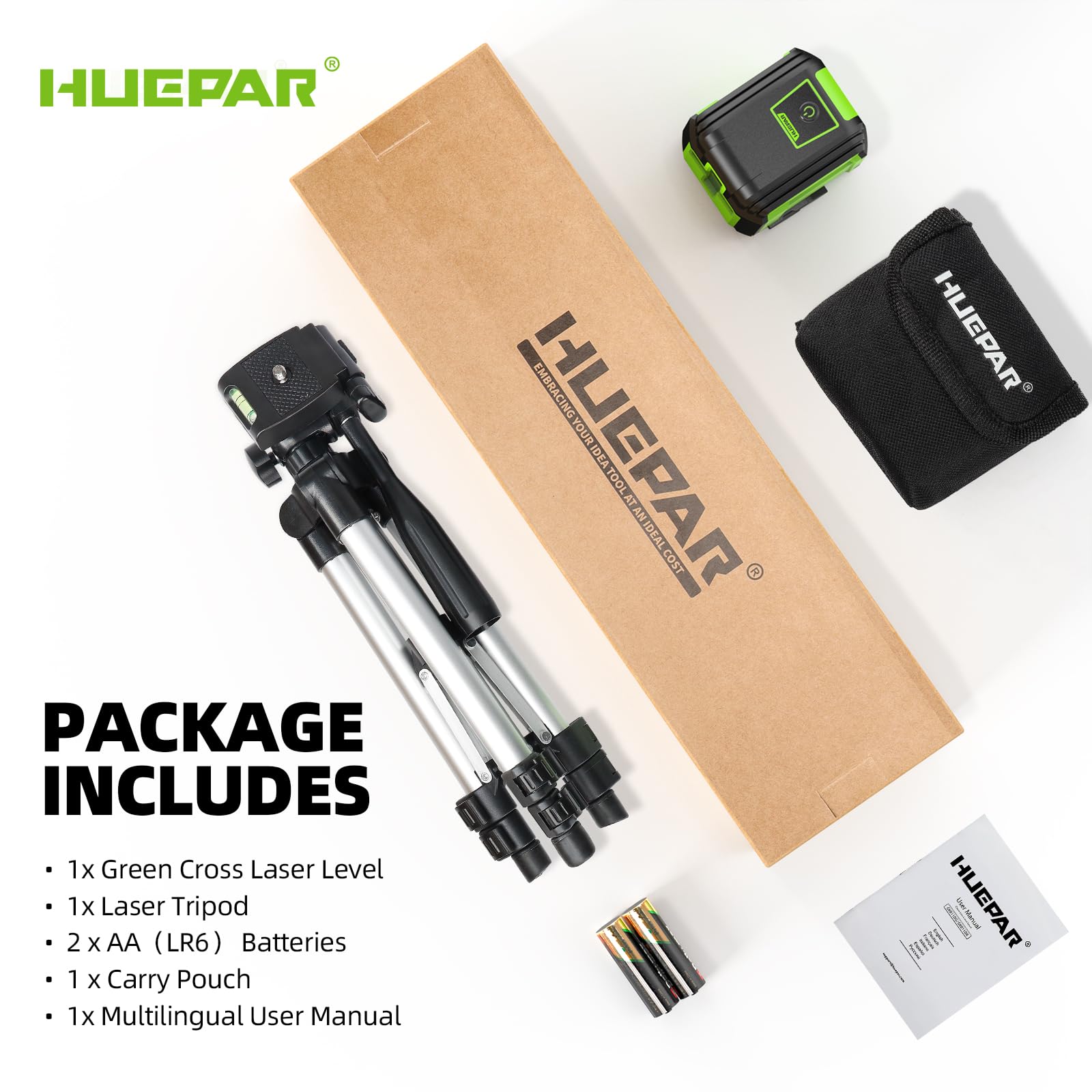 Laser Level with Tripod, HUEPAR 98Ft Self Leveling Laser Level Green Line Laser Cross Line Laser Leveler Tool for Picture Hanging, Tile, Home Renovation, Indoor Project, Battery&Carrying Bag Included - Medaid International