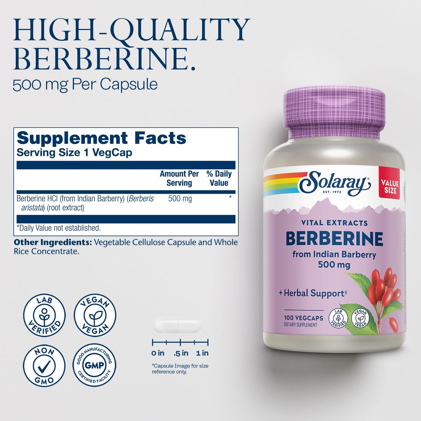 SOLARAY Berberine 500mg - Berberine Supplement for a Healthy, Active Lifestyle - with Berberine HCl from Indian Barberry - Vegan, Non-GMO, 60-Day Guarantee, Lab Verified - 100 Servings, 100 VegCaps - Medaid International