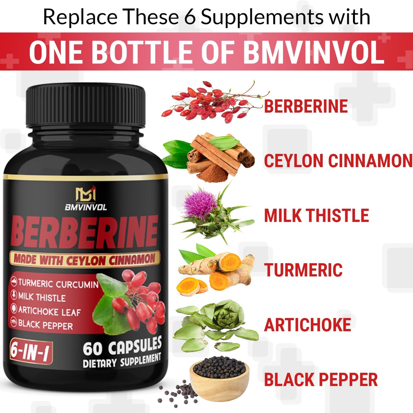 (3 Packs) Berberine Supplement Plus Ceylon Cinnamon, Milk Thistle, Turmeric, Artichoke Leaf, Black Peppe - 6 Month Supply - 180 Capsules Total - Medaid International