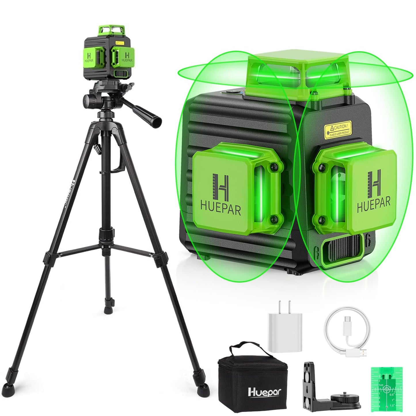 Laser Level 360 Self Leveling with 47" Tripod, Huepar 3x360° High Brightness Green Laser Leveler Tool for Construction, Tile and Picture Hanging, 5200 mAh Li-ion Battery & 2 Portable Bag Included - Medaid International